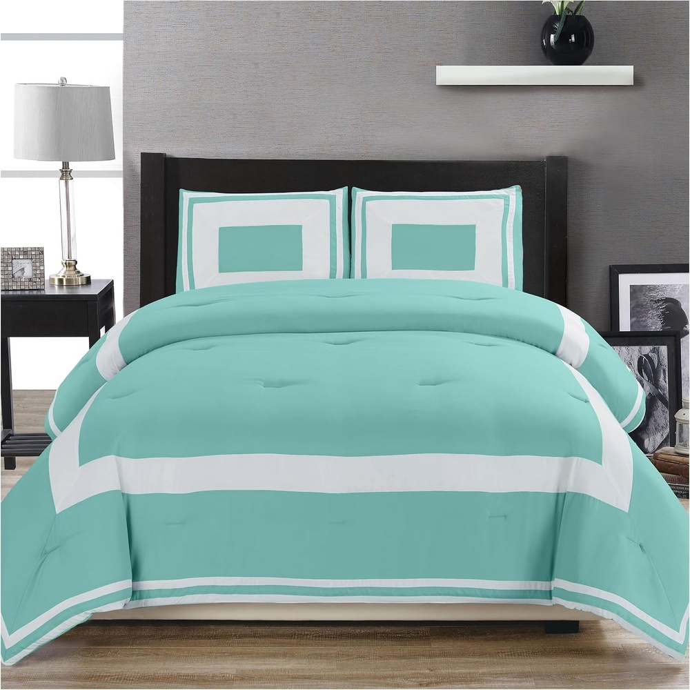image:imageSUPERIOR Grammercy Color Blocked Comforter Set with Pillow Shams Luxury Hotel Bedding with Soft Microfiber Shell All Season Down Alternative Fill FullQueen Teal