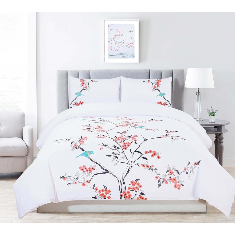 image:imageSuperior Cherry Garden Cotton 200 Thread Count Duvet Cover Set Comforter Cover Bed Essentials Embroidered Cherry Tree amp Birds Includes 1 Duvet Cover 2 Pillow Shams KingCalifornia King CoralCoral Z