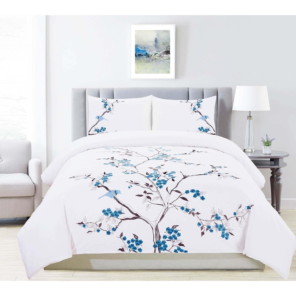 image:imageSuperior Cherry Garden Cotton 200 Thread Count Duvet Cover Set Comforter Cover Bed Essentials Embroidered Cherry Tree amp Birds Includes 1 Duvet Cover 2 Pillow Shams KingCalifornia King CoralBlue Z