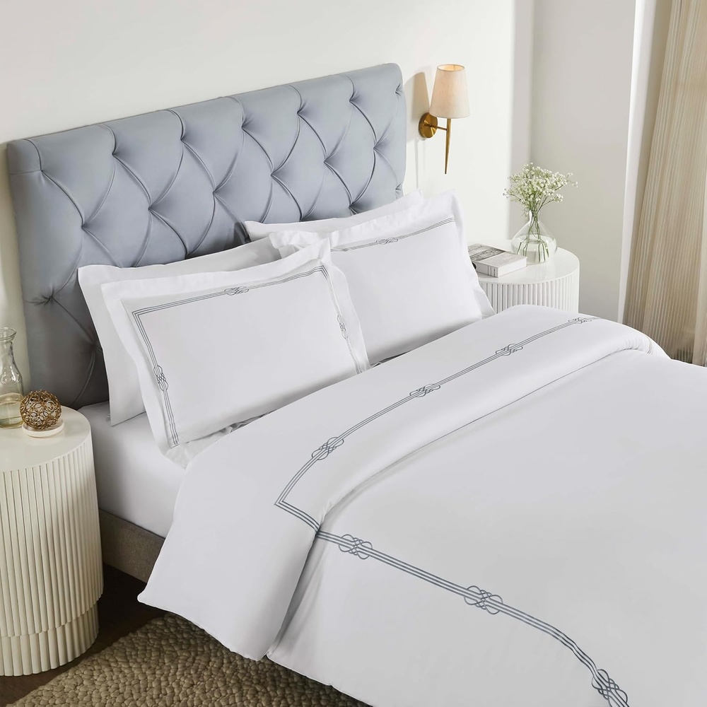 image:imageSuperior Embroidered Cotton Duvet Cover Set Soft Bedding Covers Bedroom 1 Duvet Cover with Button Closure 2 Pillow Shams Elegant Design Moonlawn Collection KingCalifornia King WhiteSilverWhitesilver