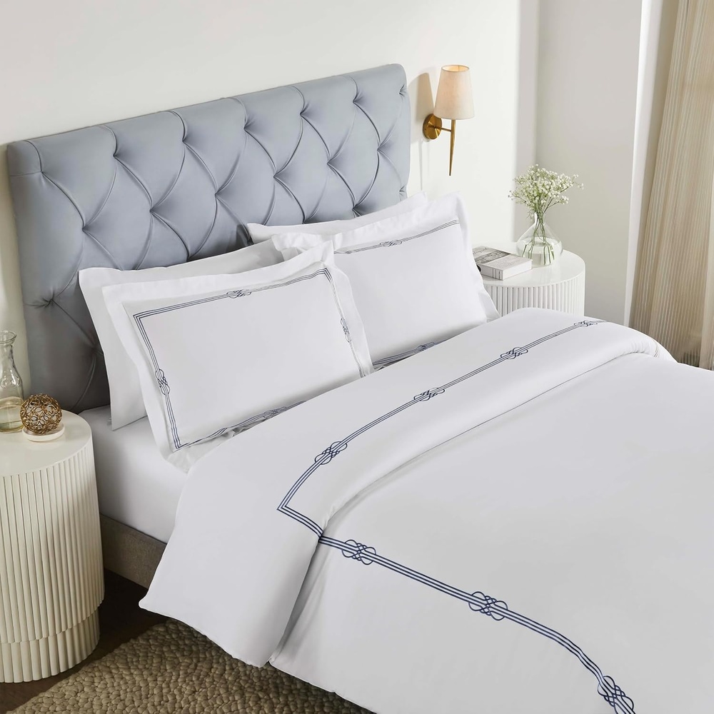image:imageSuperior Embroidered Cotton Duvet Cover Set Soft Bedding Covers Bedroom 1 Duvet Cover with Button Closure 2 Pillow Shams Elegant Design Moonlawn Collection KingCalifornia King WhiteSilverWhitenavy Blue