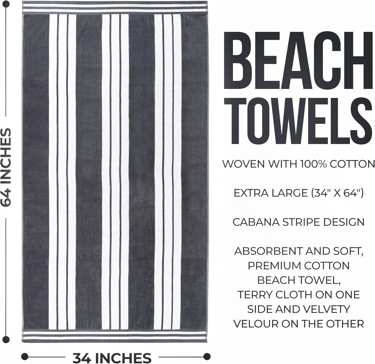 image:imageSuperior Striped Cotton Reversible Beach Towel Set 6 PC Multi ColorCharcoal