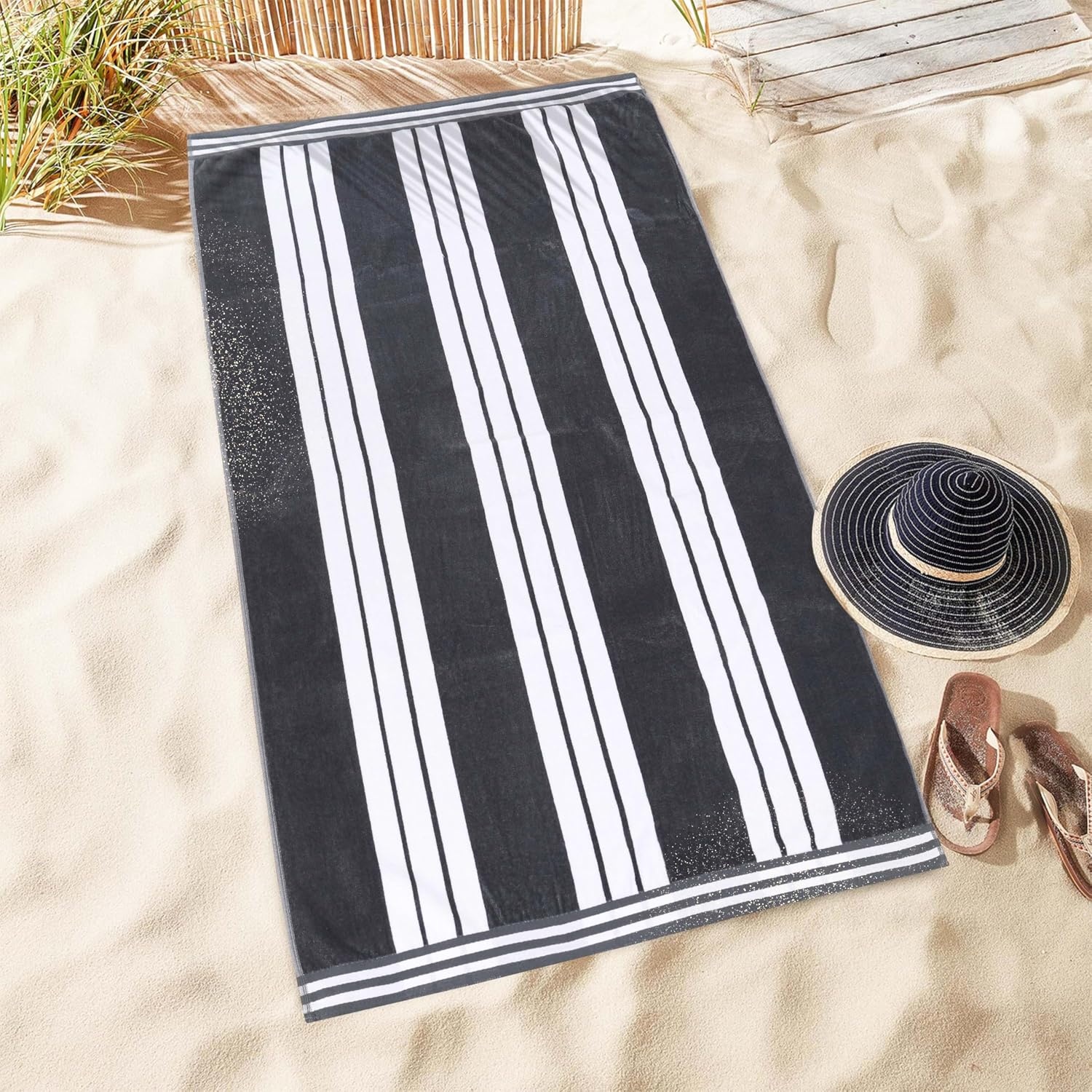 image:imageSuperior Striped Cotton Reversible Beach Towel Set 6 PC Multi ColorCharcoal