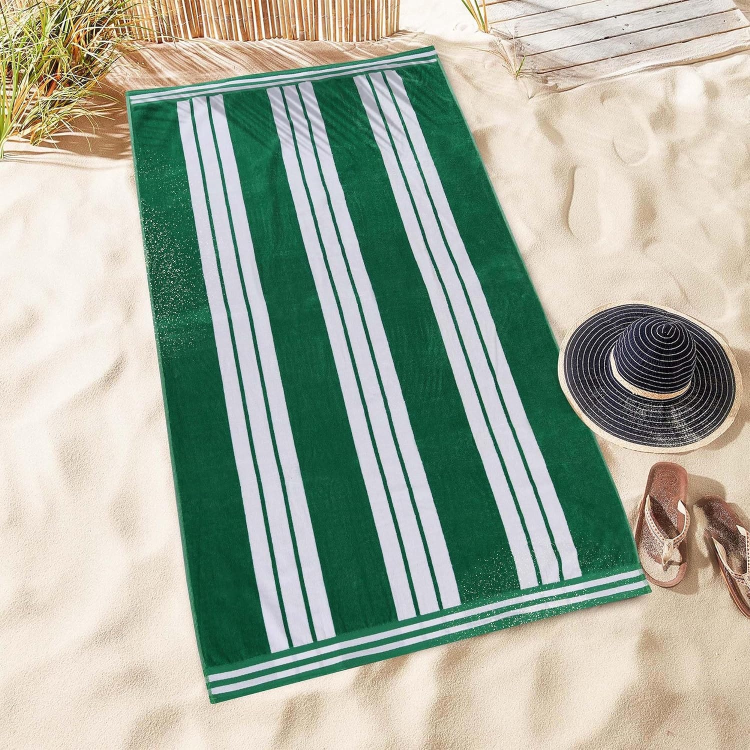 image:imageSuperior Striped Cotton Reversible Beach Towel Set 6 PC Multi ColorDark Green