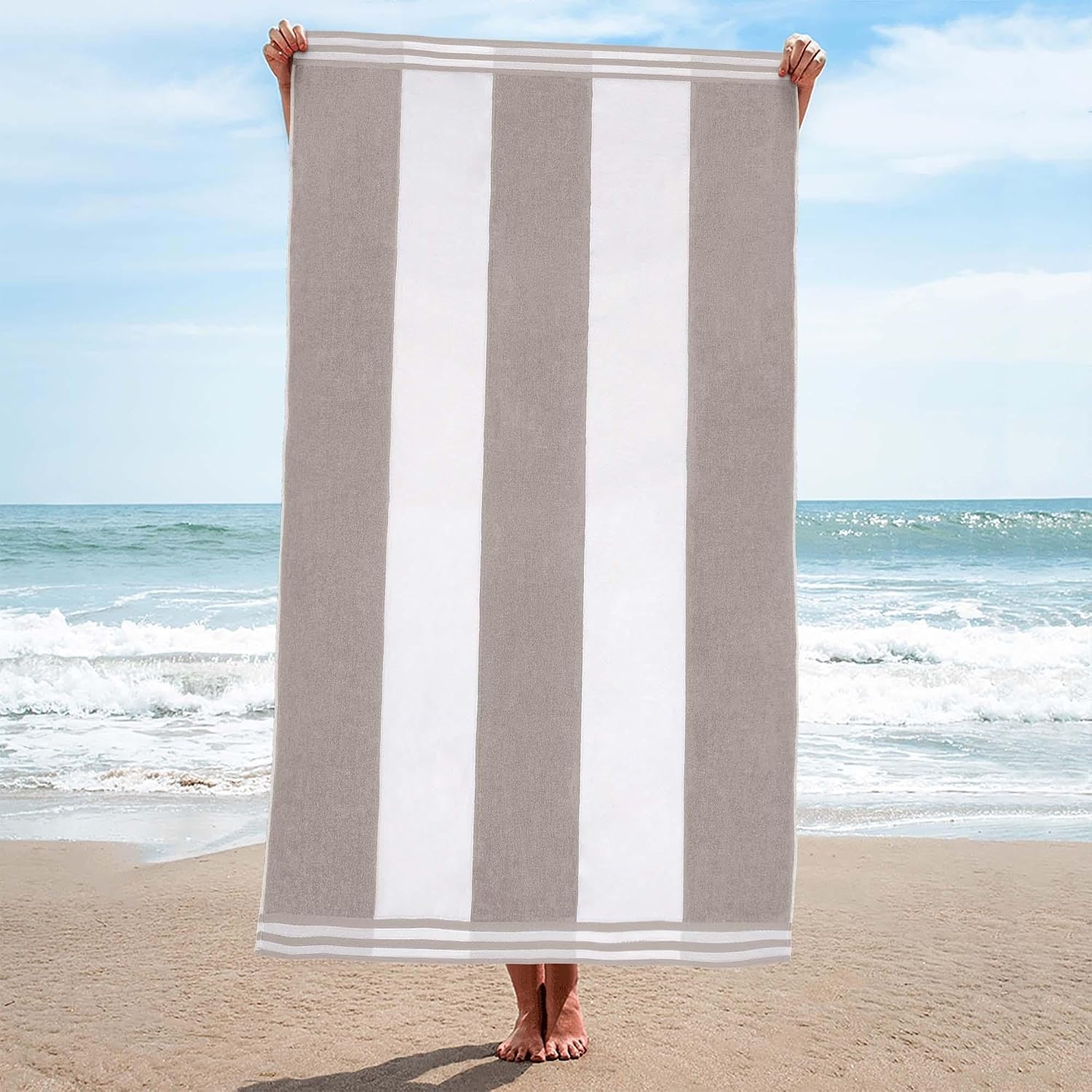 image:imageSuperior Striped Cotton Reversible Beach Towel Set 6 PC Multi ColorLight Grey