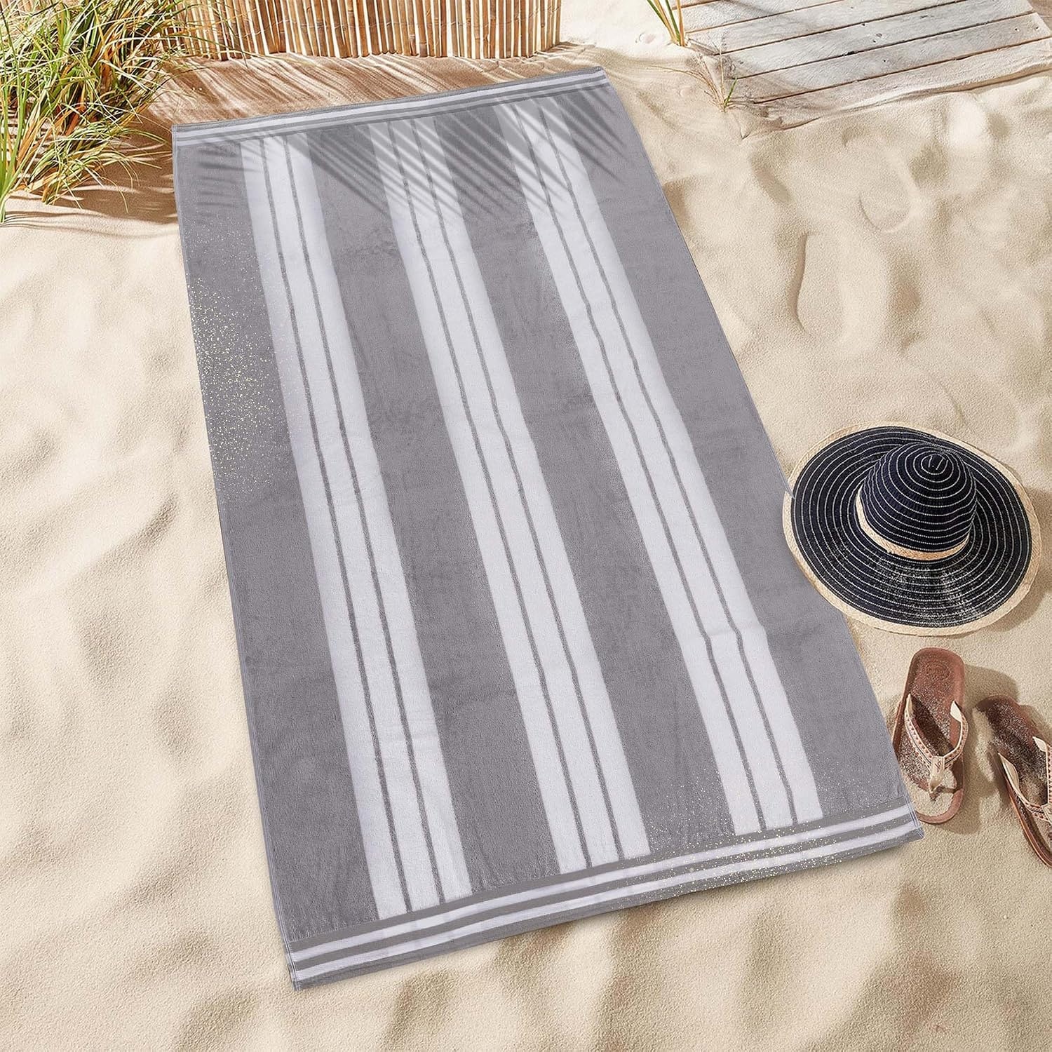 image:imageSuperior Striped Cotton Reversible Beach Towel Set 6 PC Multi ColorLight Grey