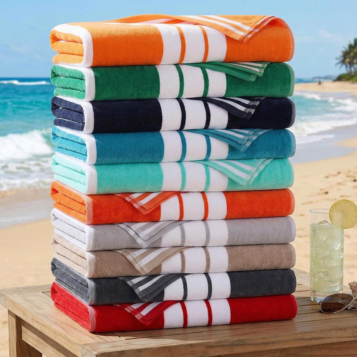 image:imageSuperior Striped Cotton Reversible Beach Towel Set 6 PC Multi ColorRed