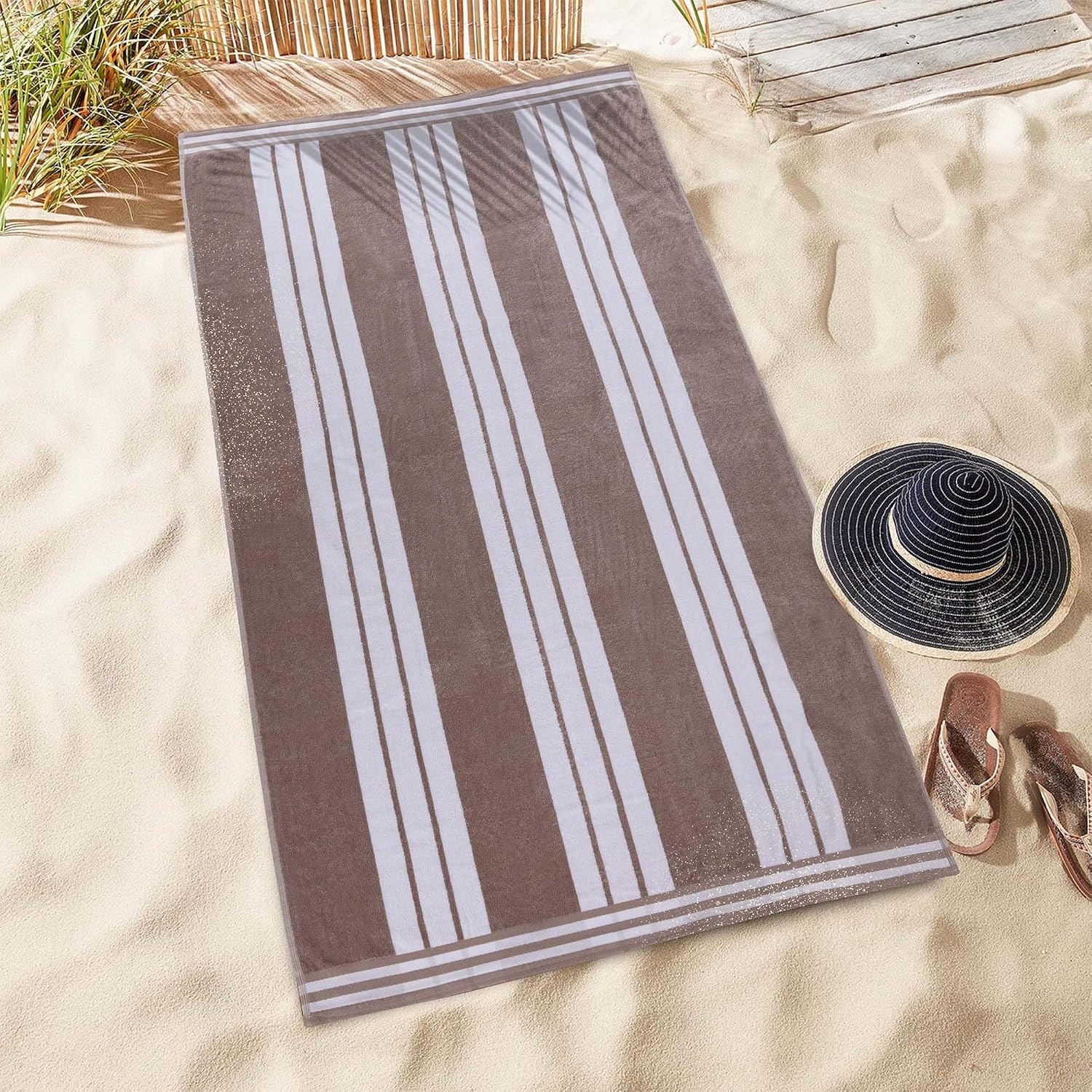 image:imageSuperior Striped Cotton Reversible Beach Towel Set 6 PC Multi ColorTaupe