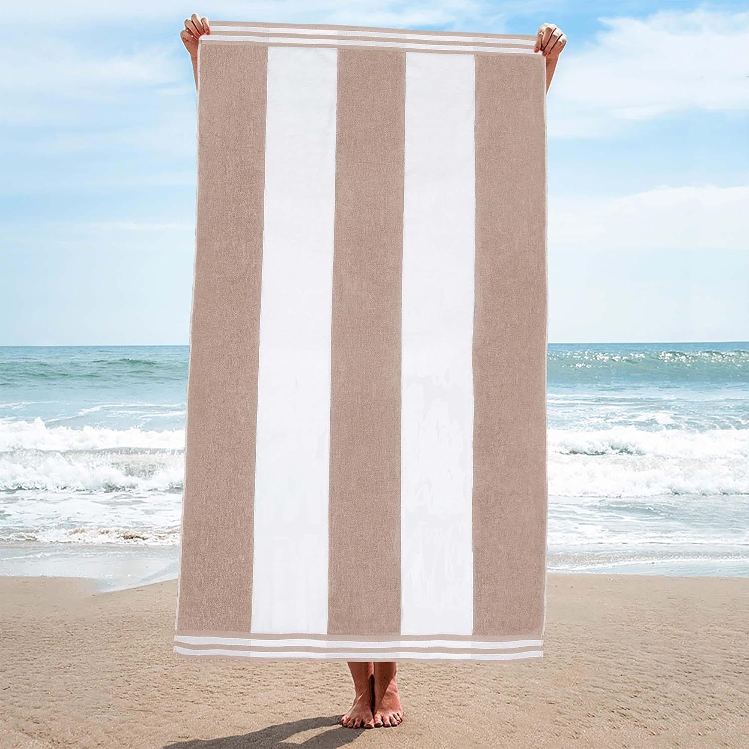 image:imageSuperior Striped Cotton Reversible Beach Towel Set 6 PC Multi ColorTaupe