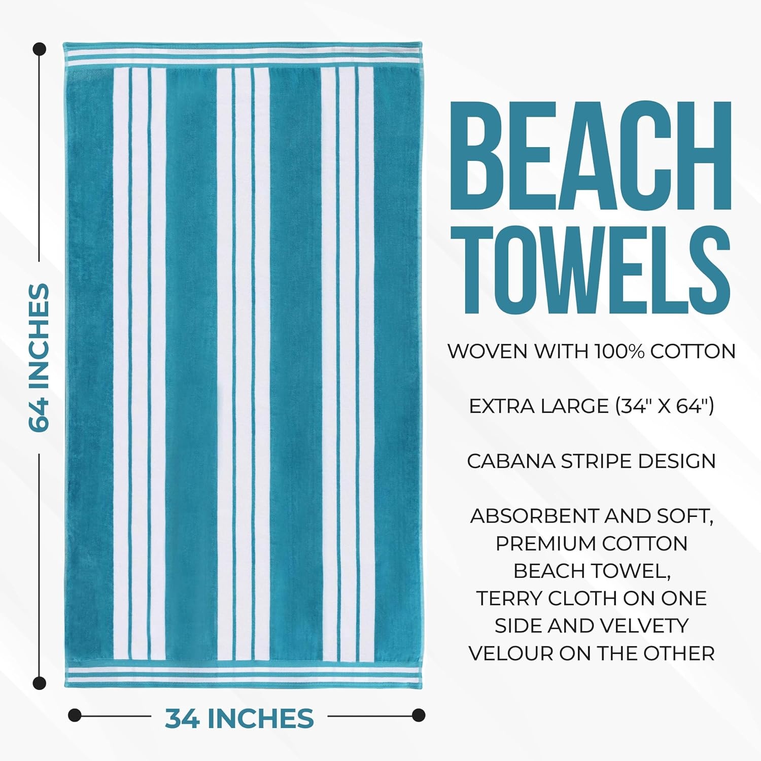 image:imageSuperior Striped Cotton Reversible Beach Towel Set 6 PC Multi ColorTurquoise