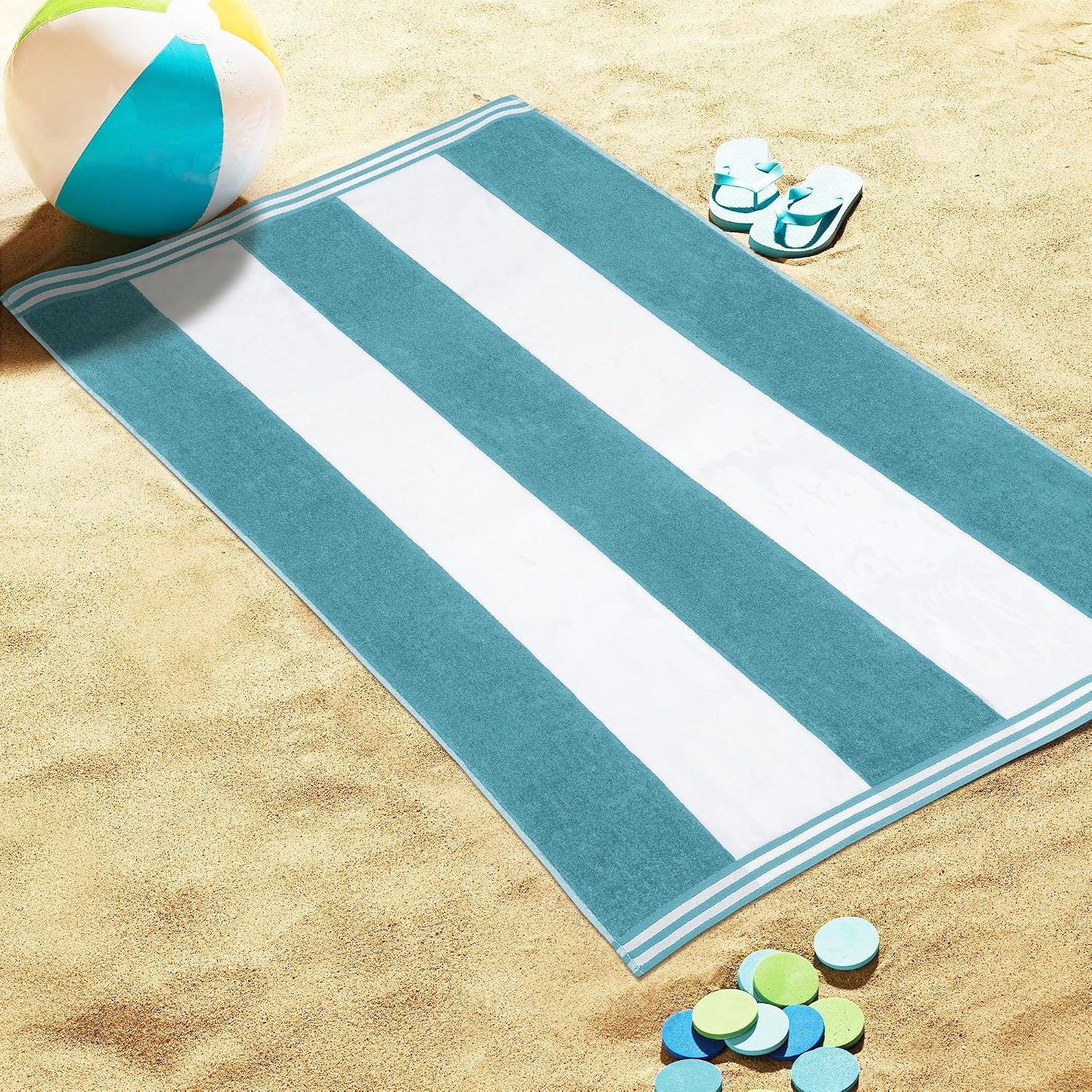 image:imageSuperior Striped Cotton Reversible Beach Towel Set 6 PC Multi ColorTurquoise