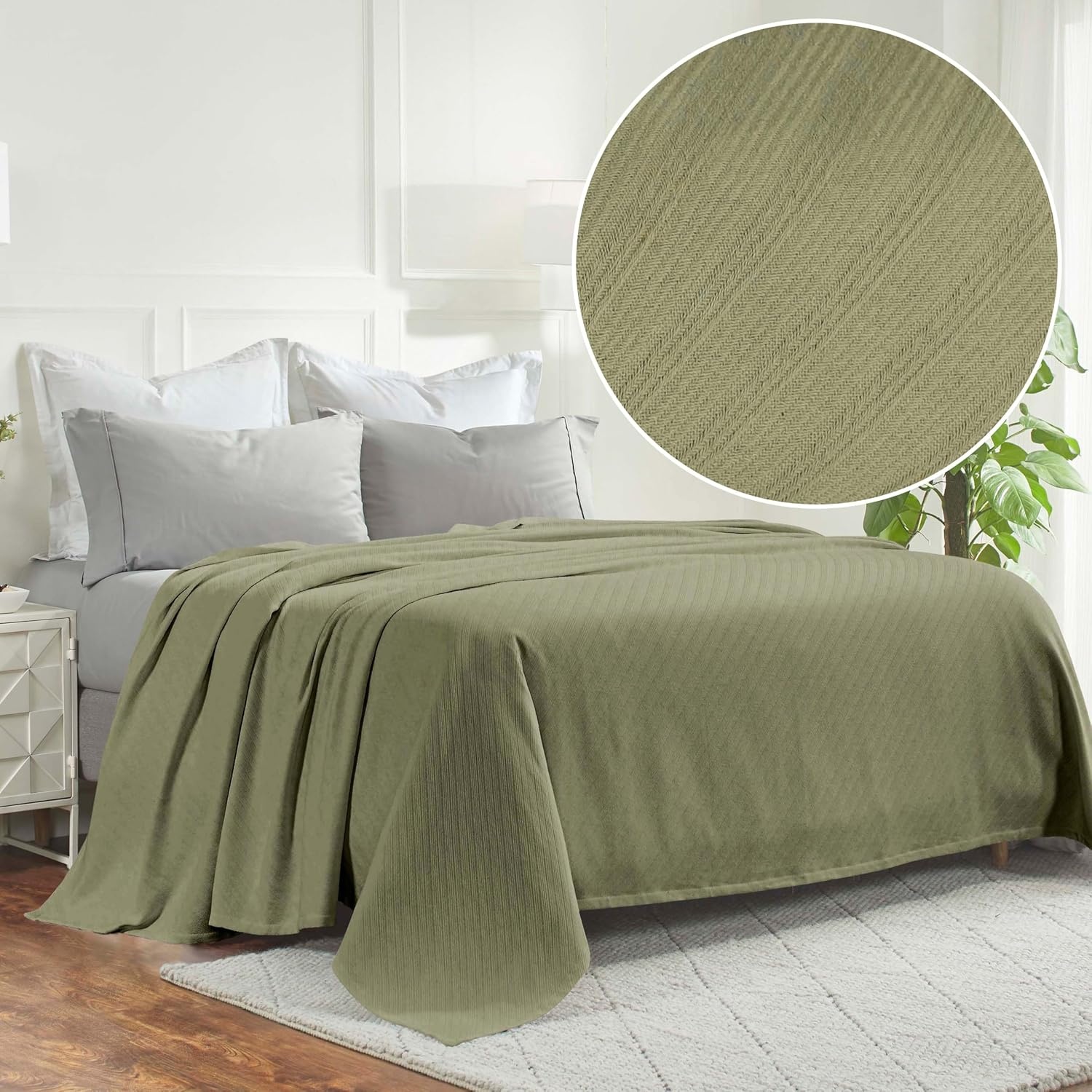 image:imageSUPERIOR Milan Cotton Blanket for Picnic Beach Traveling or Camping Bedroom Decor Essentials Cover for Bed Couch Lounging Textured Jacquard Striped Woven Blanket California King WhiteSage