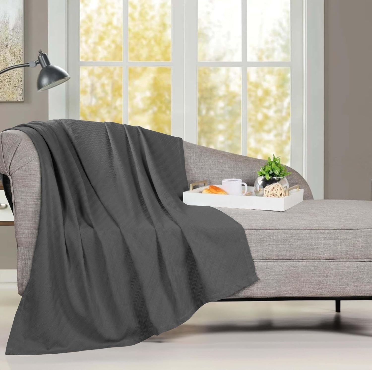 image:imageSUPERIOR Milan Cotton Blanket for Picnic Beach Traveling or Camping Bedroom Decor Essentials Cover for Bed Couch Lounging Textured Jacquard Striped Woven Blanket California King WhiteCharcoal