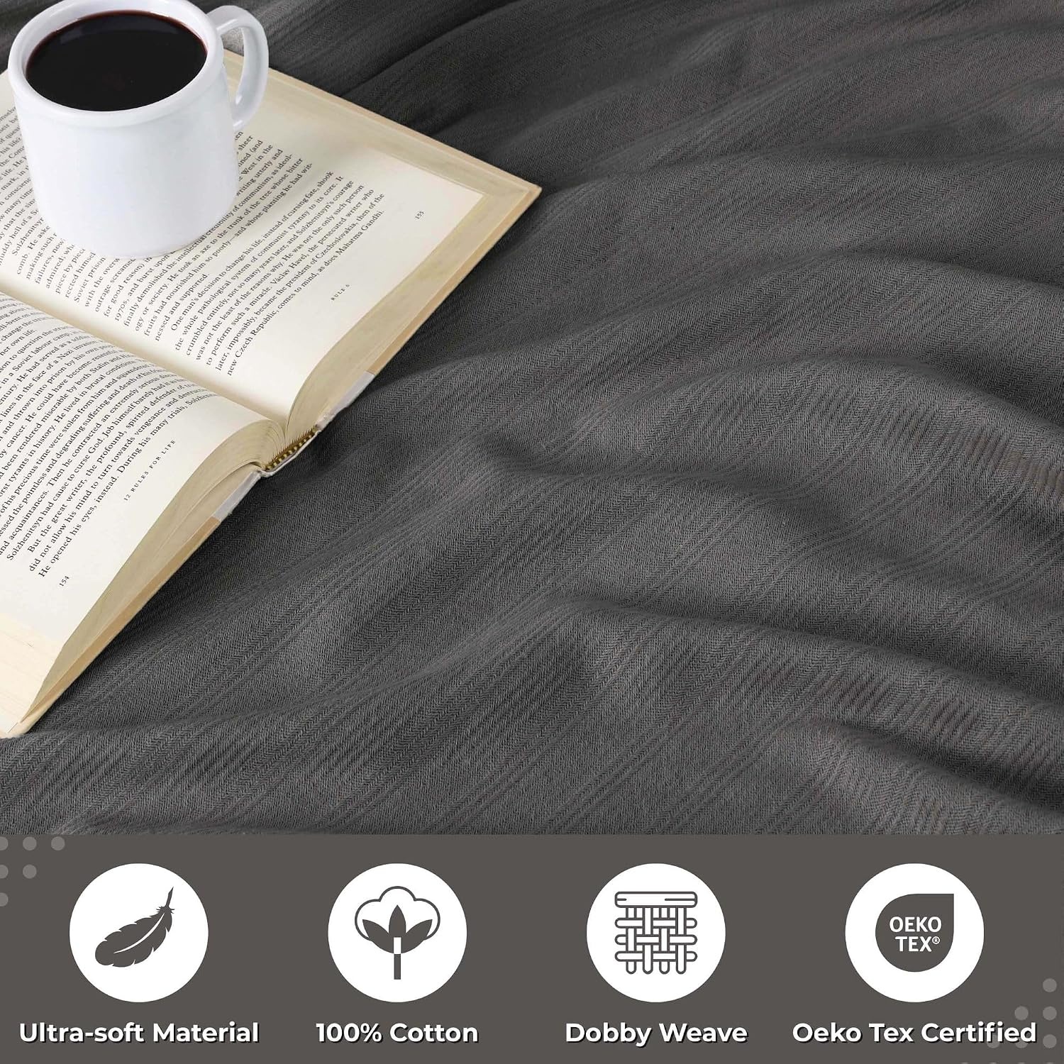 image:imageSUPERIOR Milan Cotton Blanket for Picnic Beach Traveling or Camping Bedroom Decor Essentials Cover for Bed Couch Lounging Textured Jacquard Striped Woven Blanket California King WhiteCharcoal