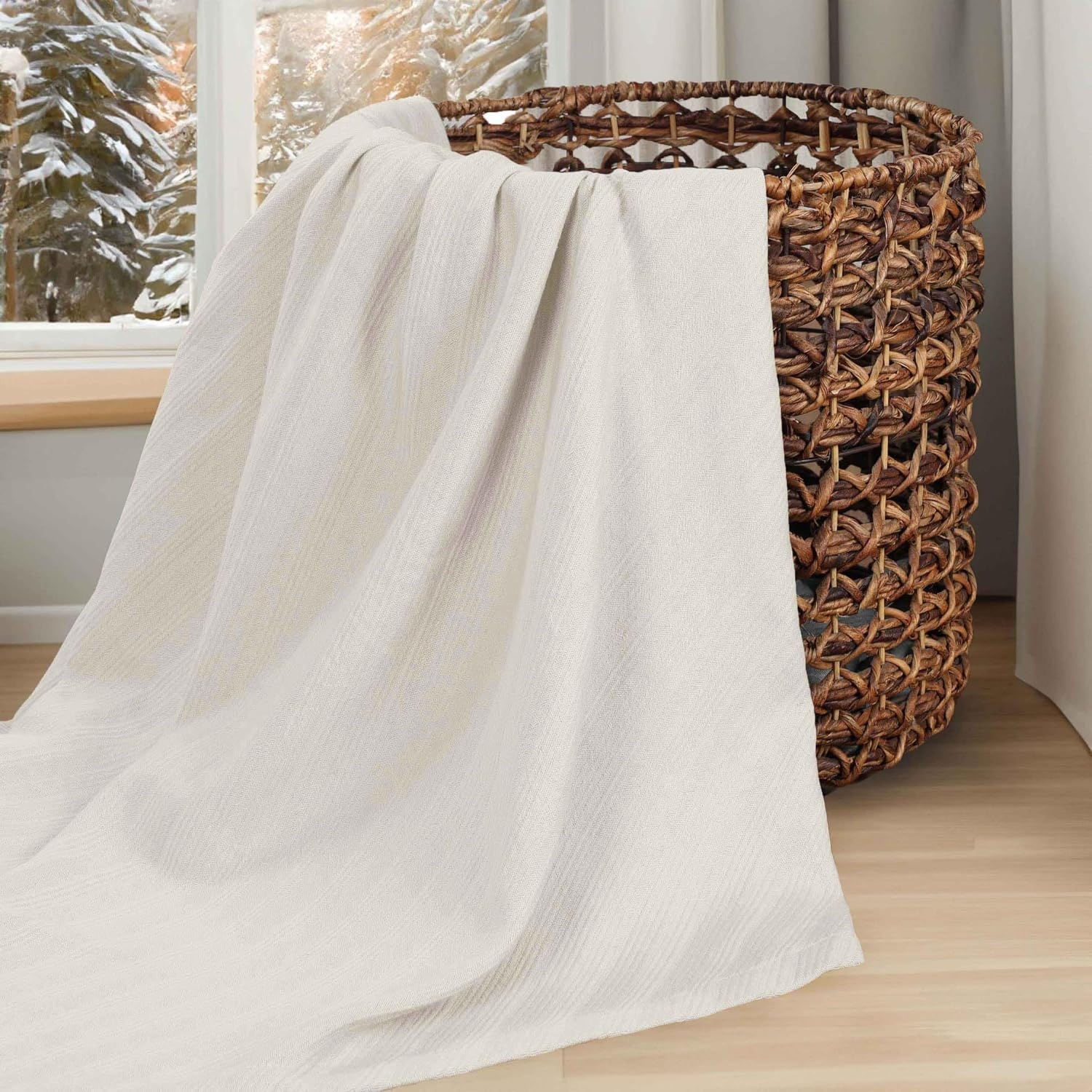 image:imageSUPERIOR Milan Cotton Blanket for Picnic Beach Traveling or Camping Bedroom Decor Essentials Cover for Bed Couch Lounging Textured Jacquard Striped Woven Blanket California King WhiteIvory