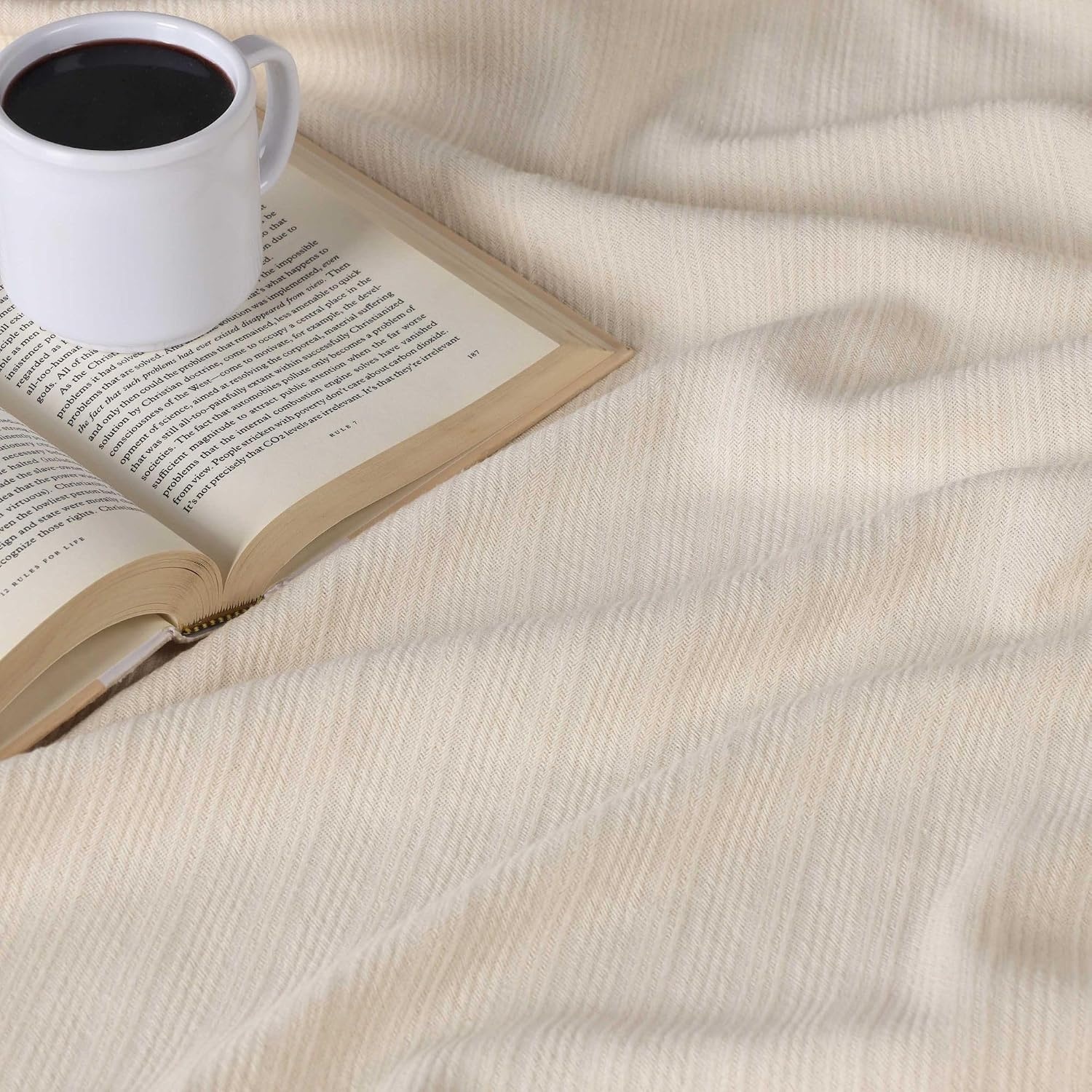image:imageSUPERIOR Milan Cotton Blanket for Picnic Beach Traveling or Camping Bedroom Decor Essentials Cover for Bed Couch Lounging Textured Jacquard Striped Woven Blanket California King WhiteIvory