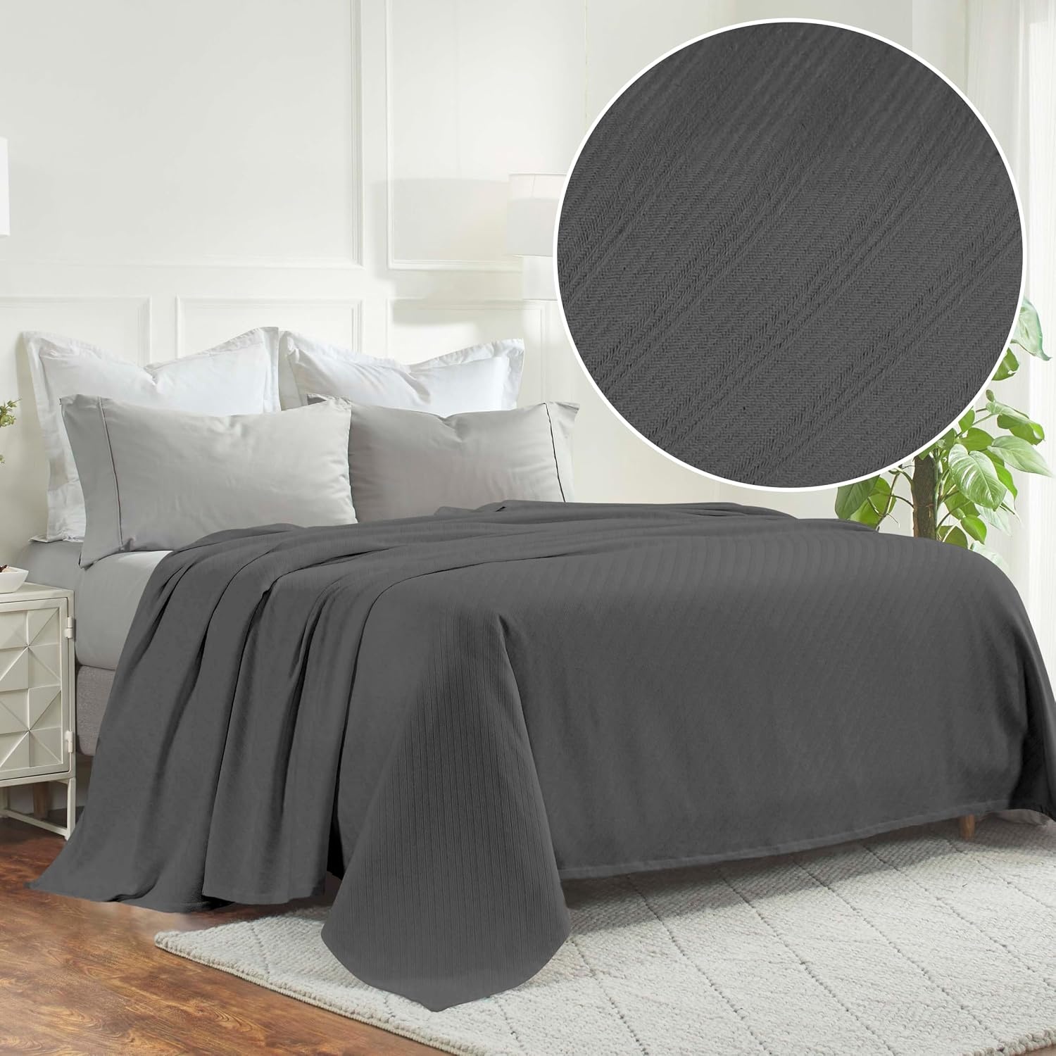 image:imageSUPERIOR Milan Cotton Blanket for Picnic Beach Traveling or Camping Bedroom Decor Essentials Cover for Bed Couch Lounging Textured Jacquard Striped Woven Blanket California King WhiteCharcoal