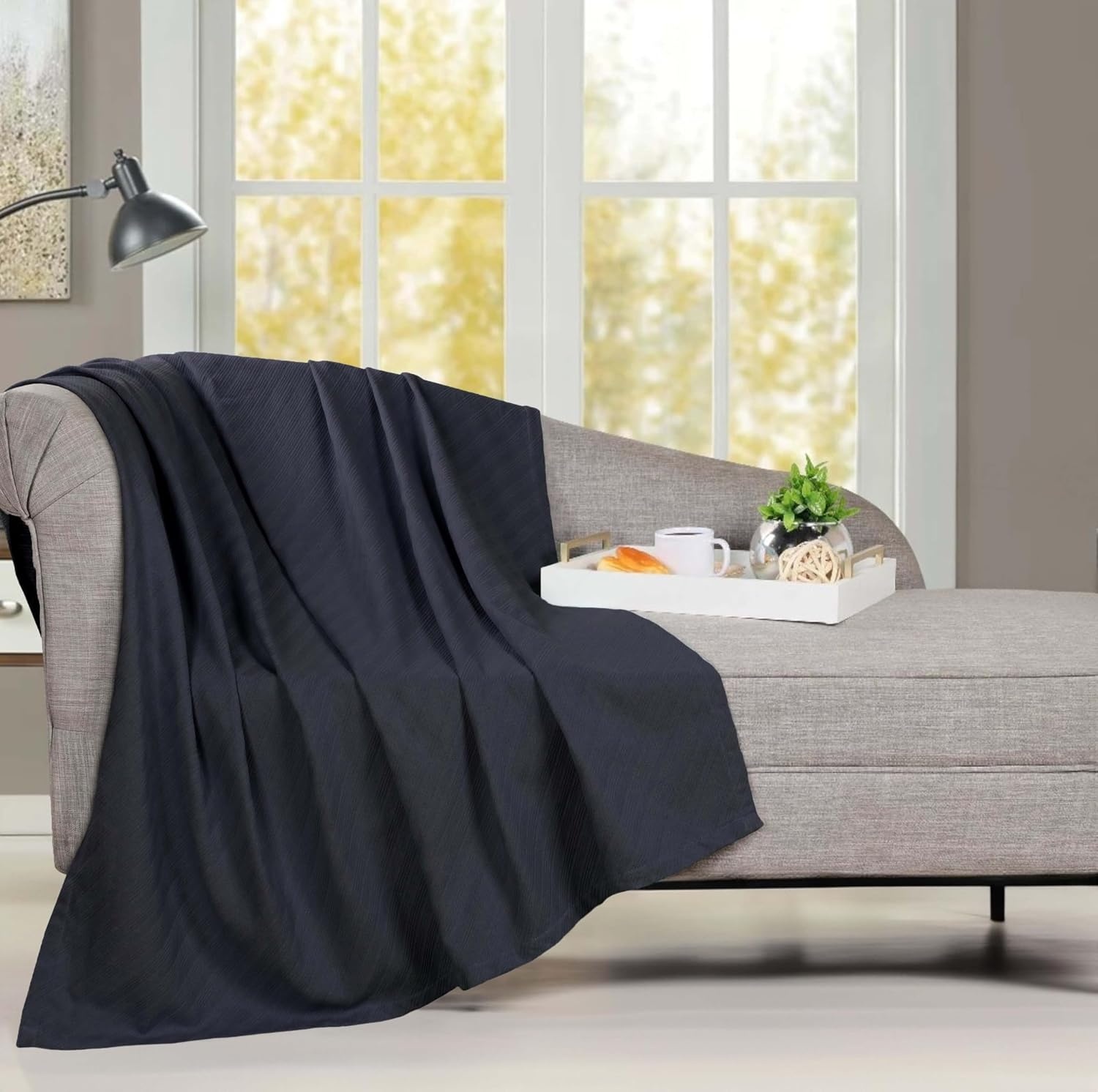 image:imageSUPERIOR Milan Cotton Blanket for Picnic Beach Traveling or Camping Bedroom Decor Essentials Cover for Bed Couch Lounging Textured Jacquard Striped Woven Blanket California King WhiteNavy Blue