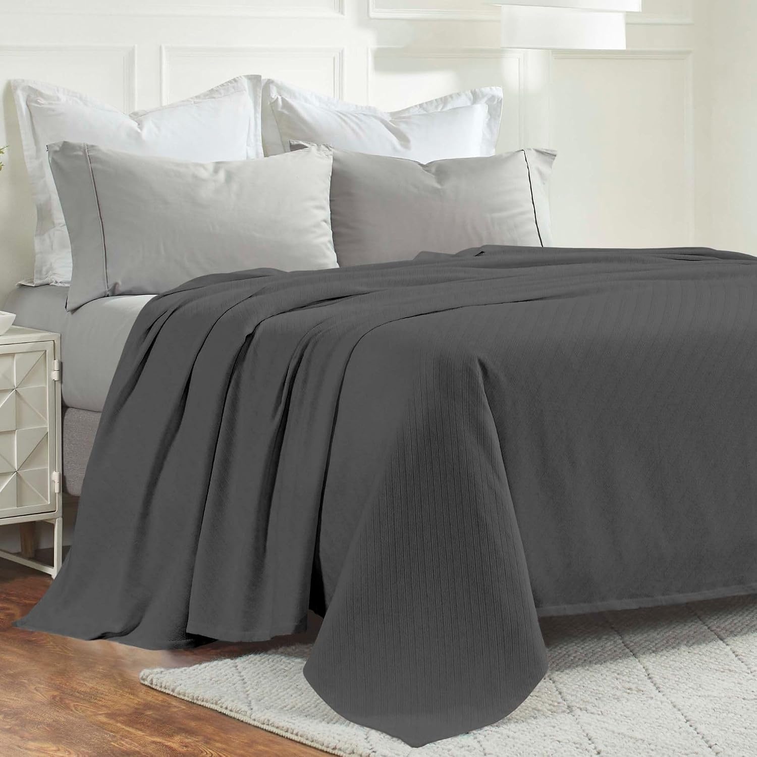 image:imageSUPERIOR Milan Cotton Blanket for Picnic Beach Traveling or Camping Bedroom Decor Essentials Cover for Bed Couch Lounging Textured Jacquard Striped Woven Blanket California King WhiteCharcoal