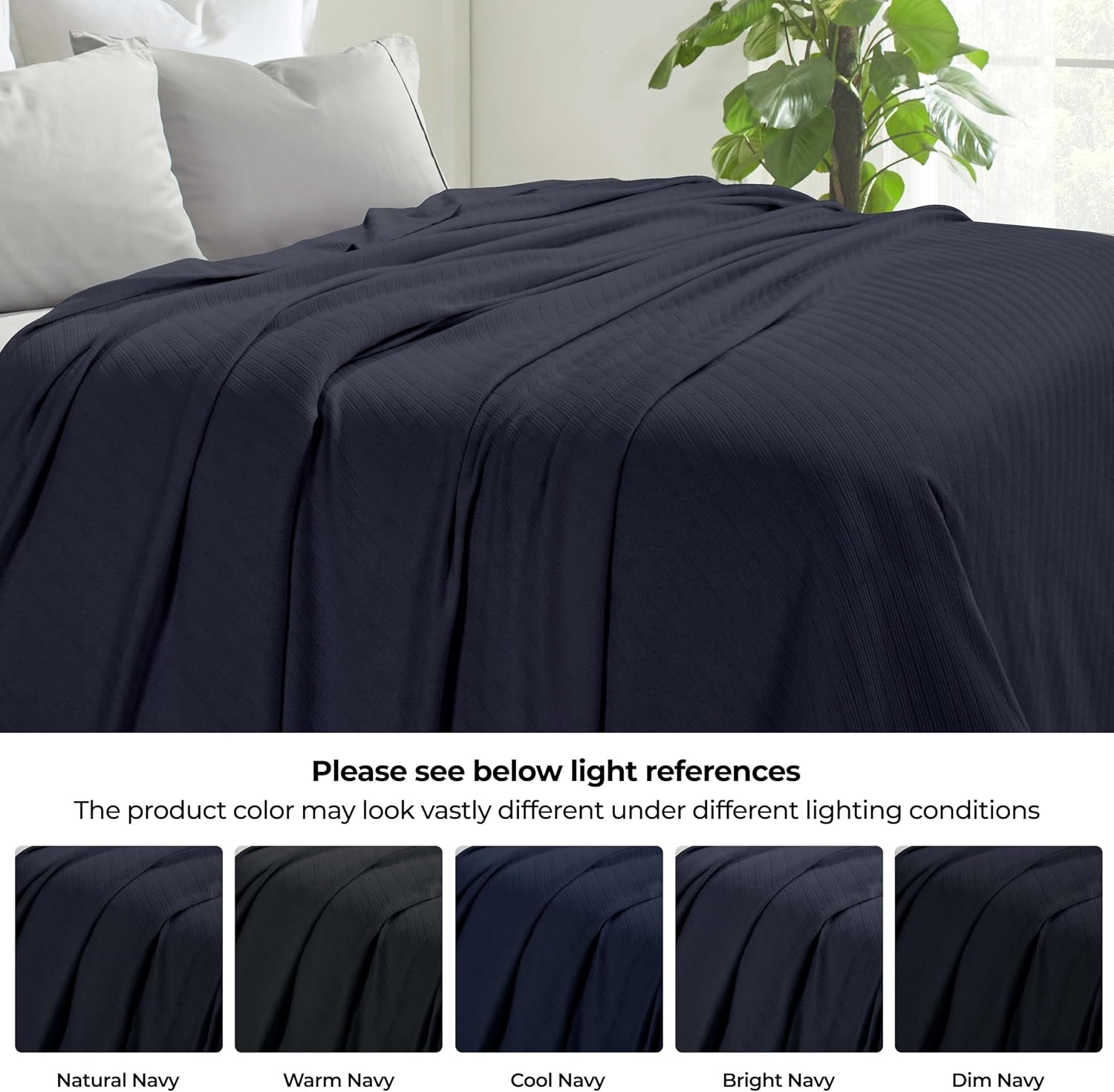 image:imageSUPERIOR Milan Cotton Blanket for Picnic Beach Traveling or Camping Bedroom Decor Essentials Cover for Bed Couch Lounging Textured Jacquard Striped Woven Blanket California King WhiteNavy Blue