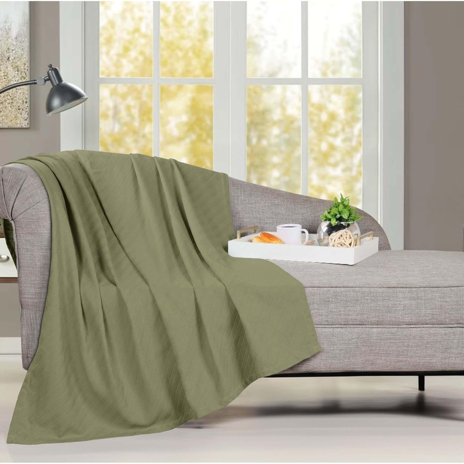 image:imageSUPERIOR Milan Cotton Blanket for Picnic Beach Traveling or Camping Bedroom Decor Essentials Cover for Bed Couch Lounging Textured Jacquard Striped Woven Blanket California King WhiteSage