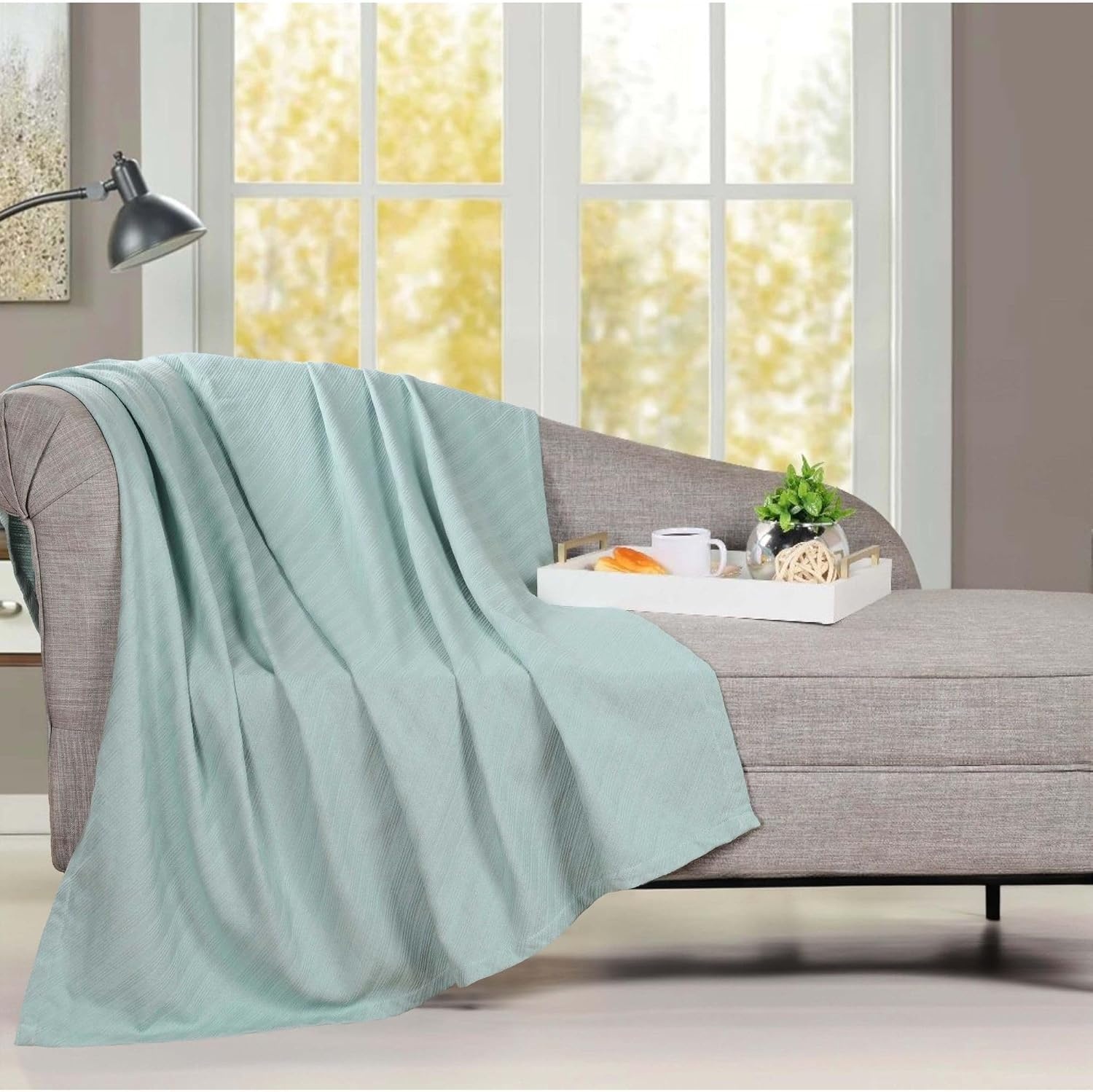 image:imageSUPERIOR Milan Cotton Blanket for Picnic Beach Traveling or Camping Bedroom Decor Essentials Cover for Bed Couch Lounging Textured Jacquard Striped Woven Blanket California King WhiteAqua
