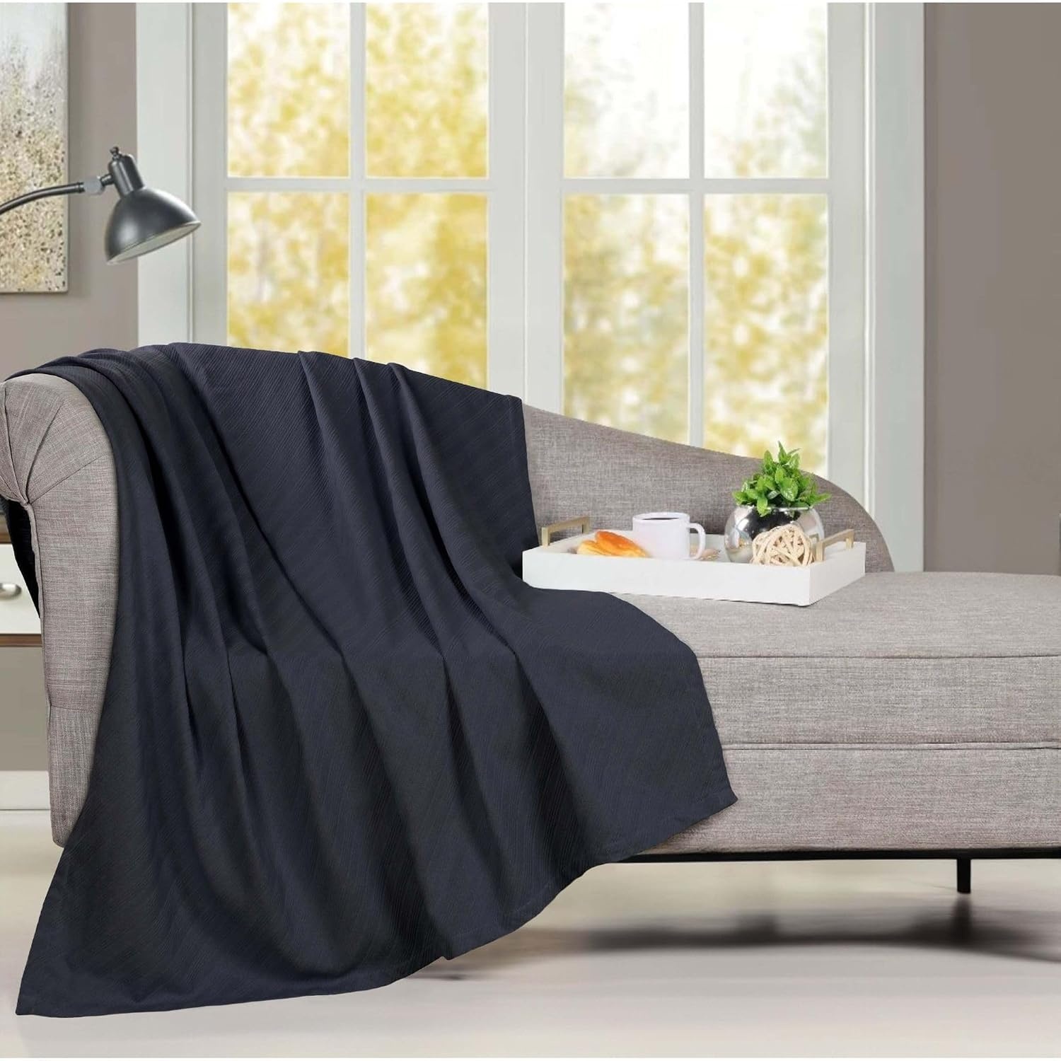 image:imageSUPERIOR Milan Cotton Blanket for Picnic Beach Traveling or Camping Bedroom Decor Essentials Cover for Bed Couch Lounging Textured Jacquard Striped Woven Blanket California King WhiteNavy Blue