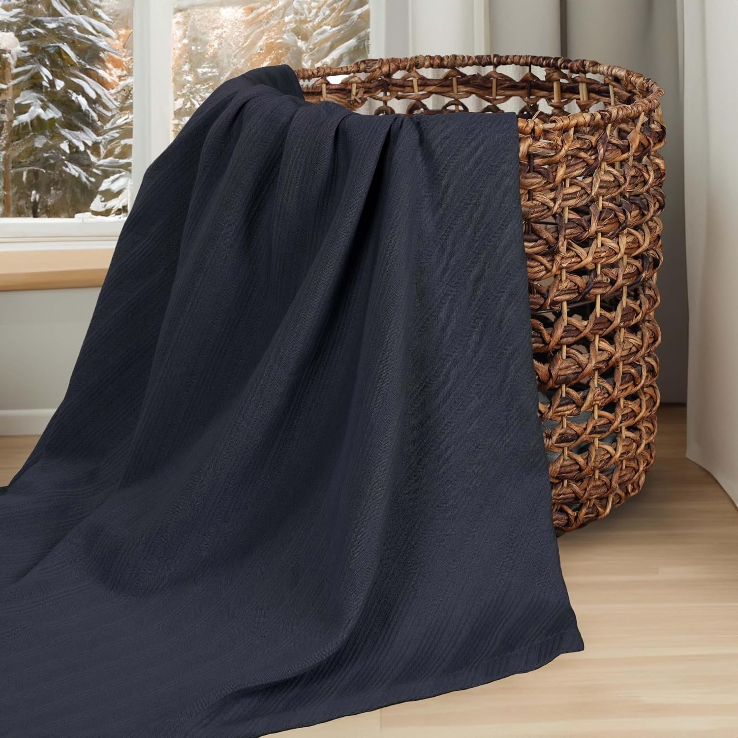 image:imageSUPERIOR Milan Cotton Blanket for Picnic Beach Traveling or Camping Bedroom Decor Essentials Cover for Bed Couch Lounging Textured Jacquard Striped Woven Blanket California King WhiteNavy Blue
