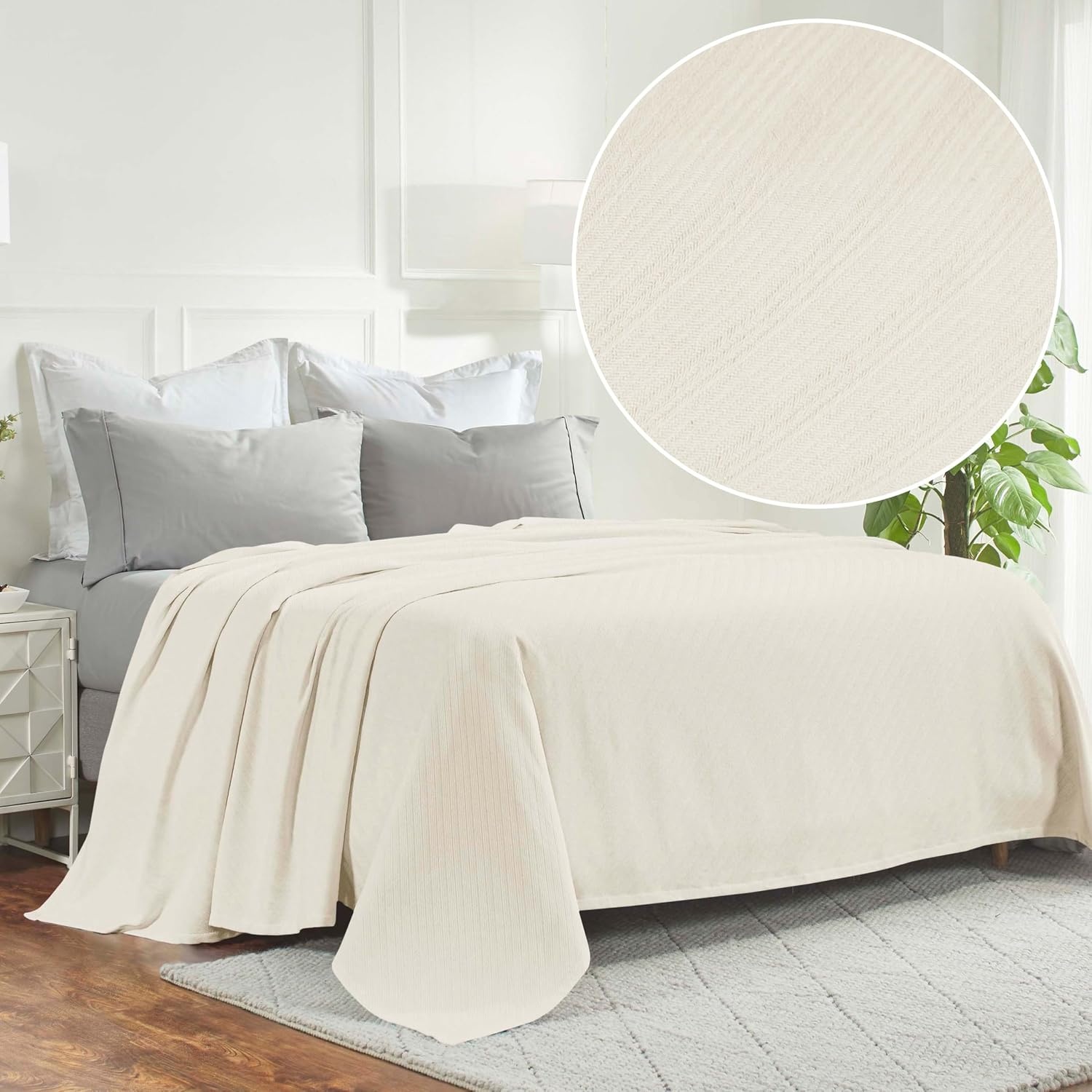 image:imageSUPERIOR Milan Cotton Blanket for Picnic Beach Traveling or Camping Bedroom Decor Essentials Cover for Bed Couch Lounging Textured Jacquard Striped Woven Blanket California King WhiteIvory