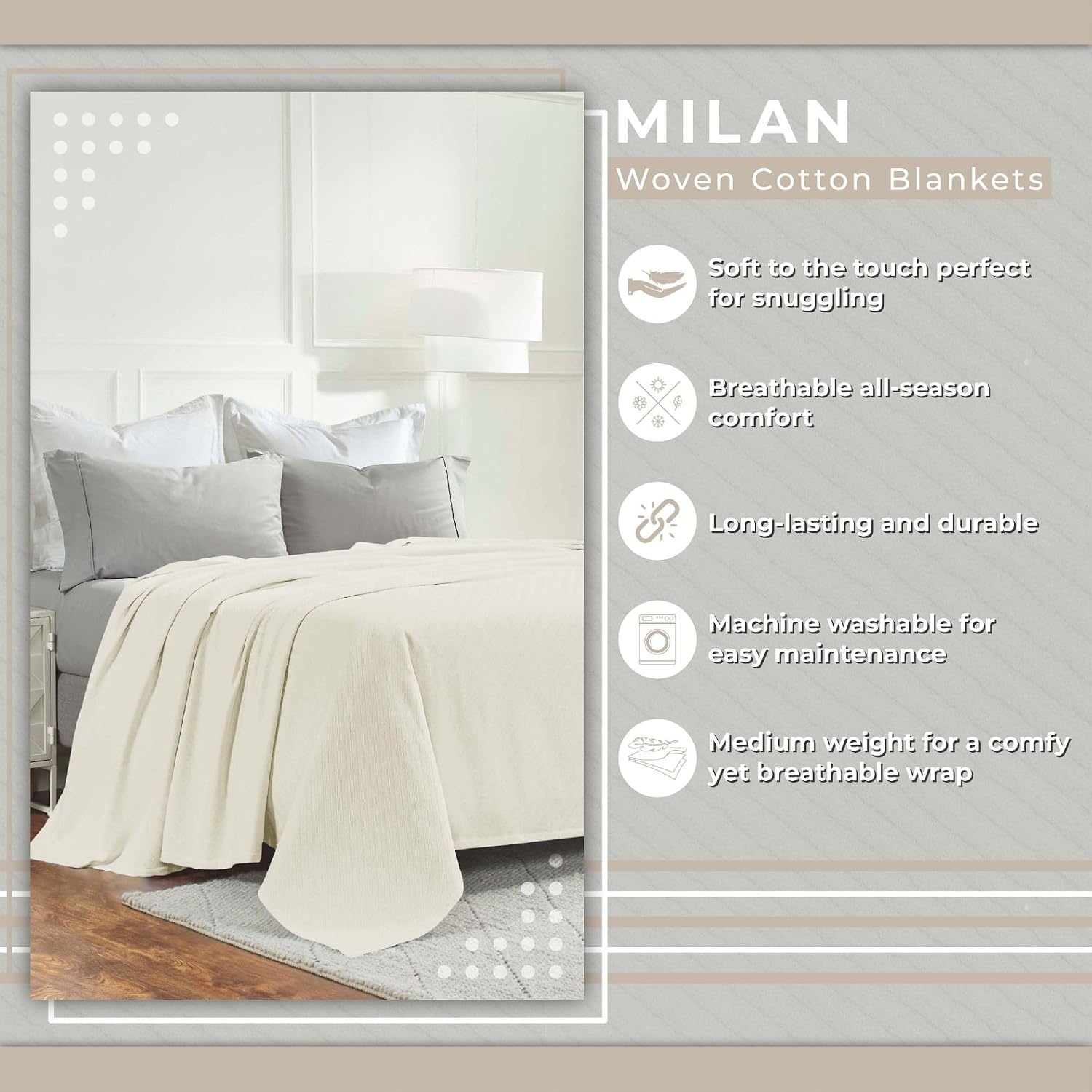 image:imageSUPERIOR Milan Cotton Blanket for Picnic Beach Traveling or Camping Bedroom Decor Essentials Cover for Bed Couch Lounging Textured Jacquard Striped Woven Blanket California King WhiteIvory