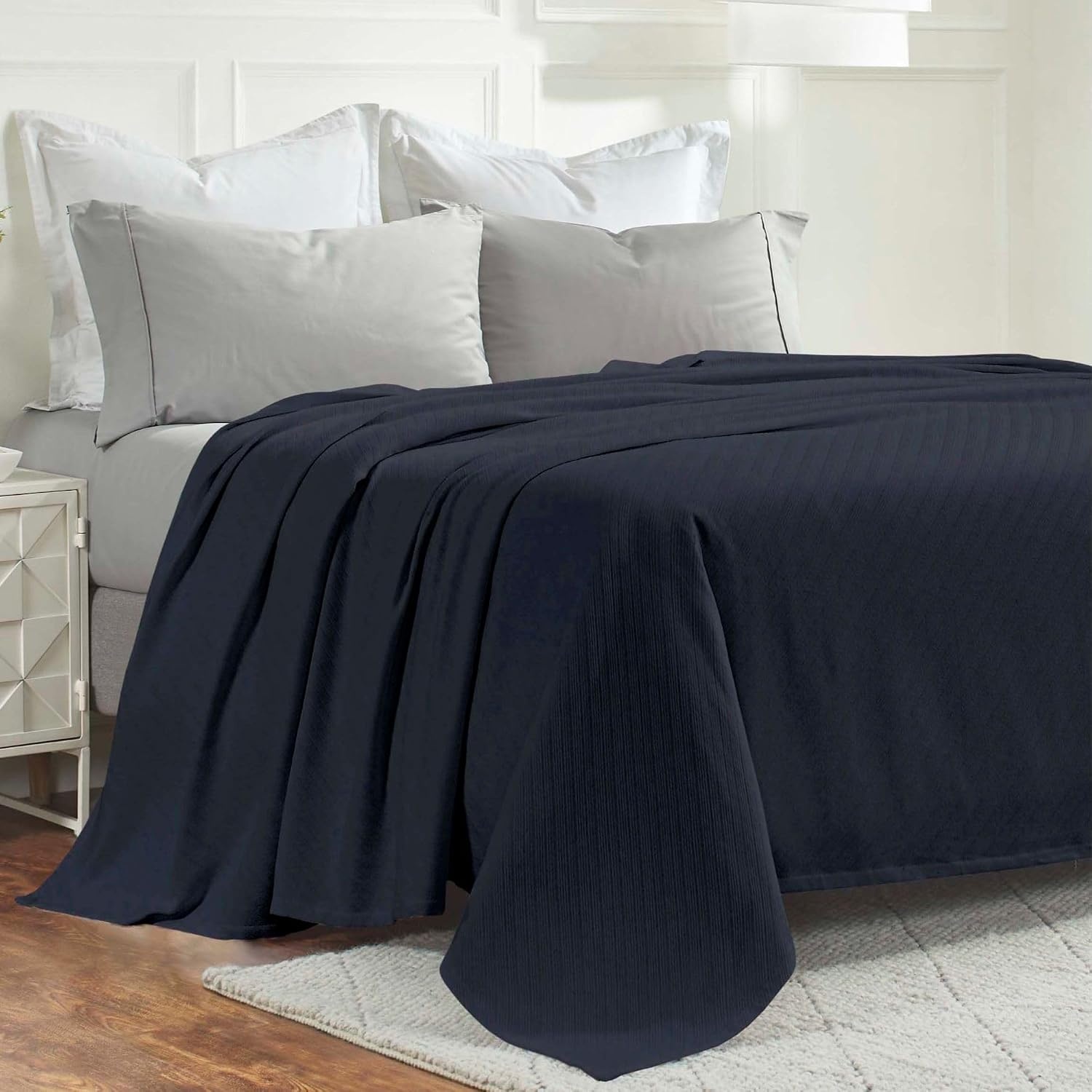 image:imageSUPERIOR Milan Cotton Blanket for Picnic Beach Traveling or Camping Bedroom Decor Essentials Cover for Bed Couch Lounging Textured Jacquard Striped Woven Blanket California King WhiteNavy Blue