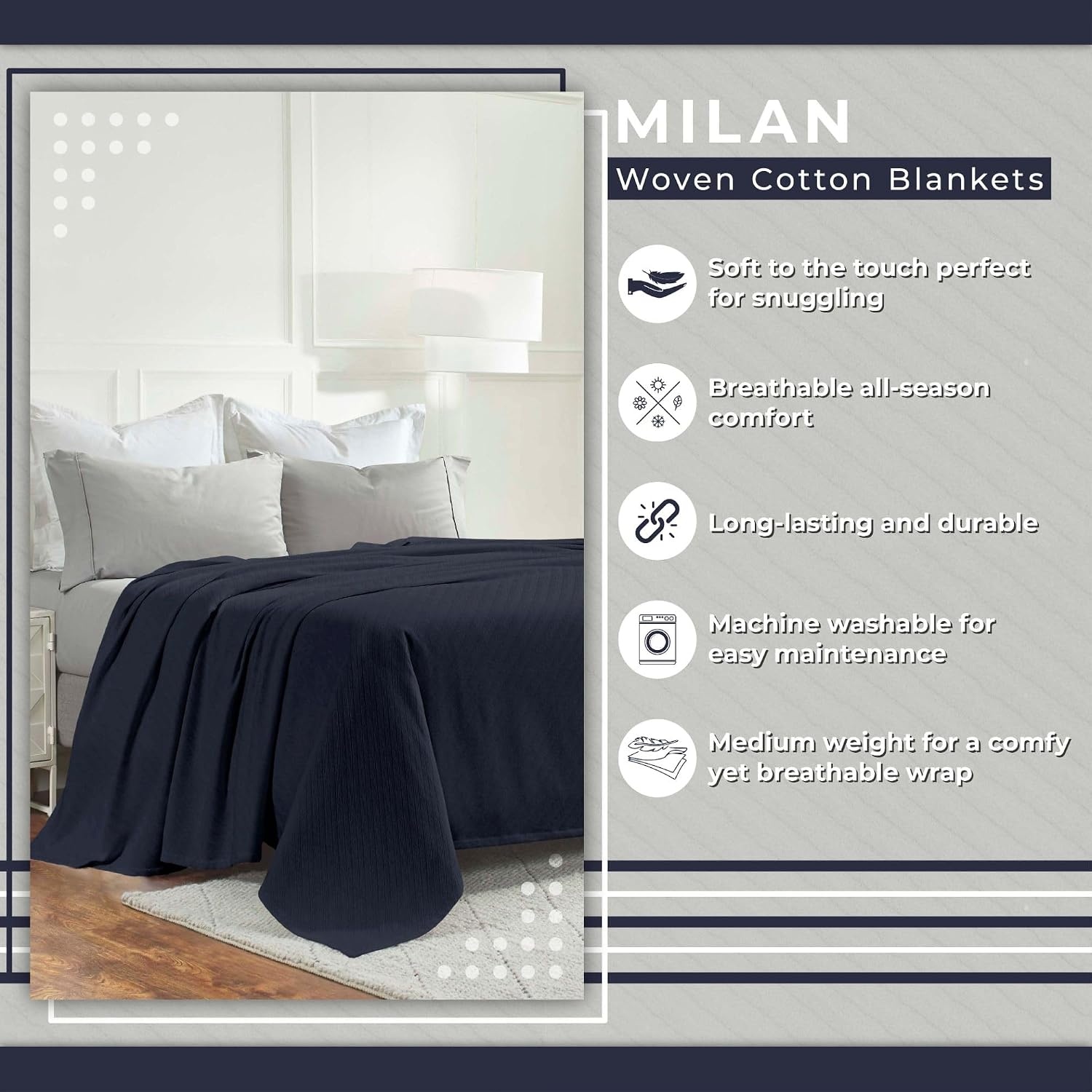 image:imageSUPERIOR Milan Cotton Blanket for Picnic Beach Traveling or Camping Bedroom Decor Essentials Cover for Bed Couch Lounging Textured Jacquard Striped Woven Blanket California King WhiteNavy Blue