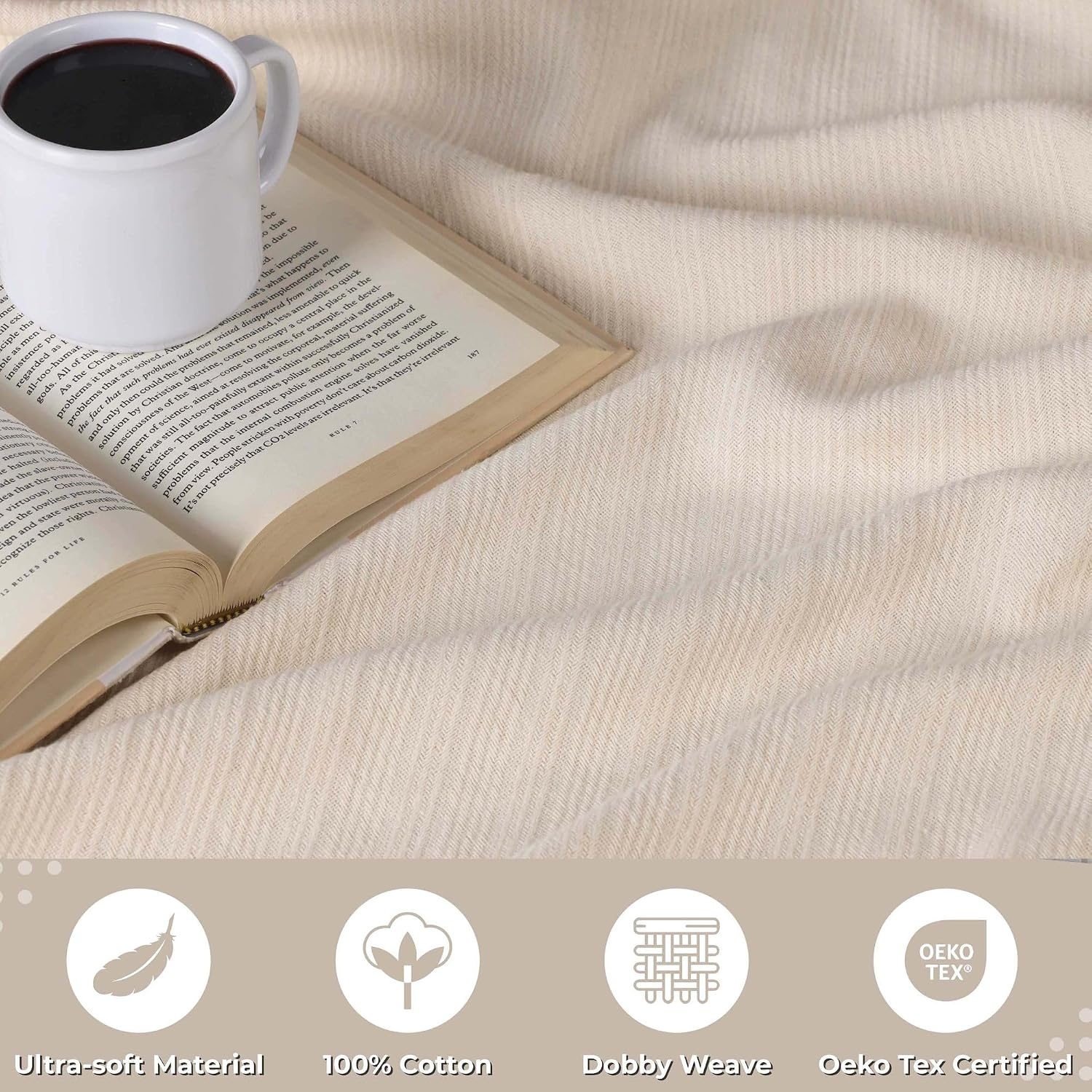 image:imageSUPERIOR Milan Cotton Blanket for Picnic Beach Traveling or Camping Bedroom Decor Essentials Cover for Bed Couch Lounging Textured Jacquard Striped Woven Blanket California King WhiteIvory
