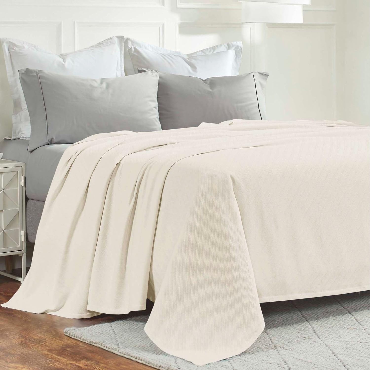 image:imageSUPERIOR Milan Cotton Blanket for Picnic Beach Traveling or Camping Bedroom Decor Essentials Cover for Bed Couch Lounging Textured Jacquard Striped Woven Blanket California King WhiteIvory