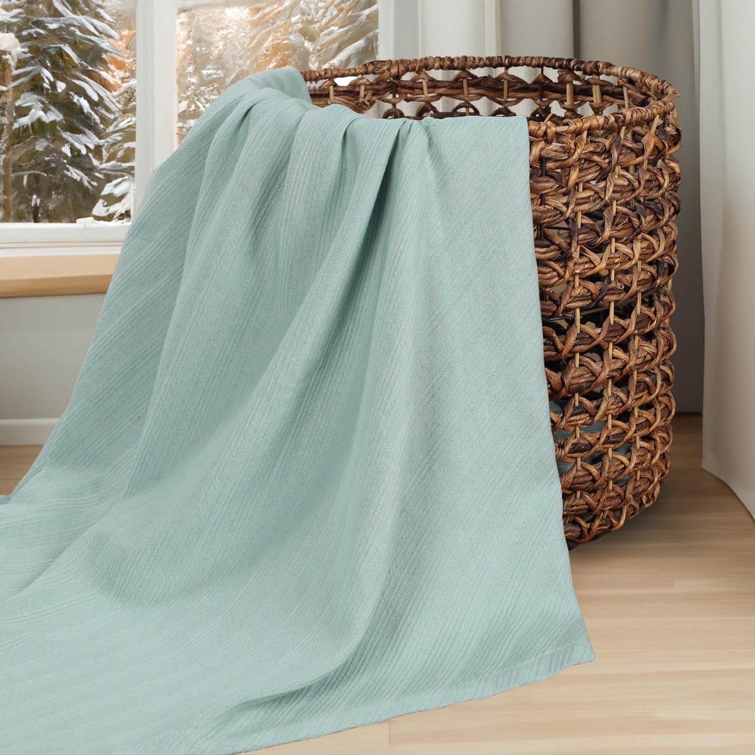 image:imageSUPERIOR Milan Cotton Blanket for Picnic Beach Traveling or Camping Bedroom Decor Essentials Cover for Bed Couch Lounging Textured Jacquard Striped Woven Blanket California King WhiteAqua