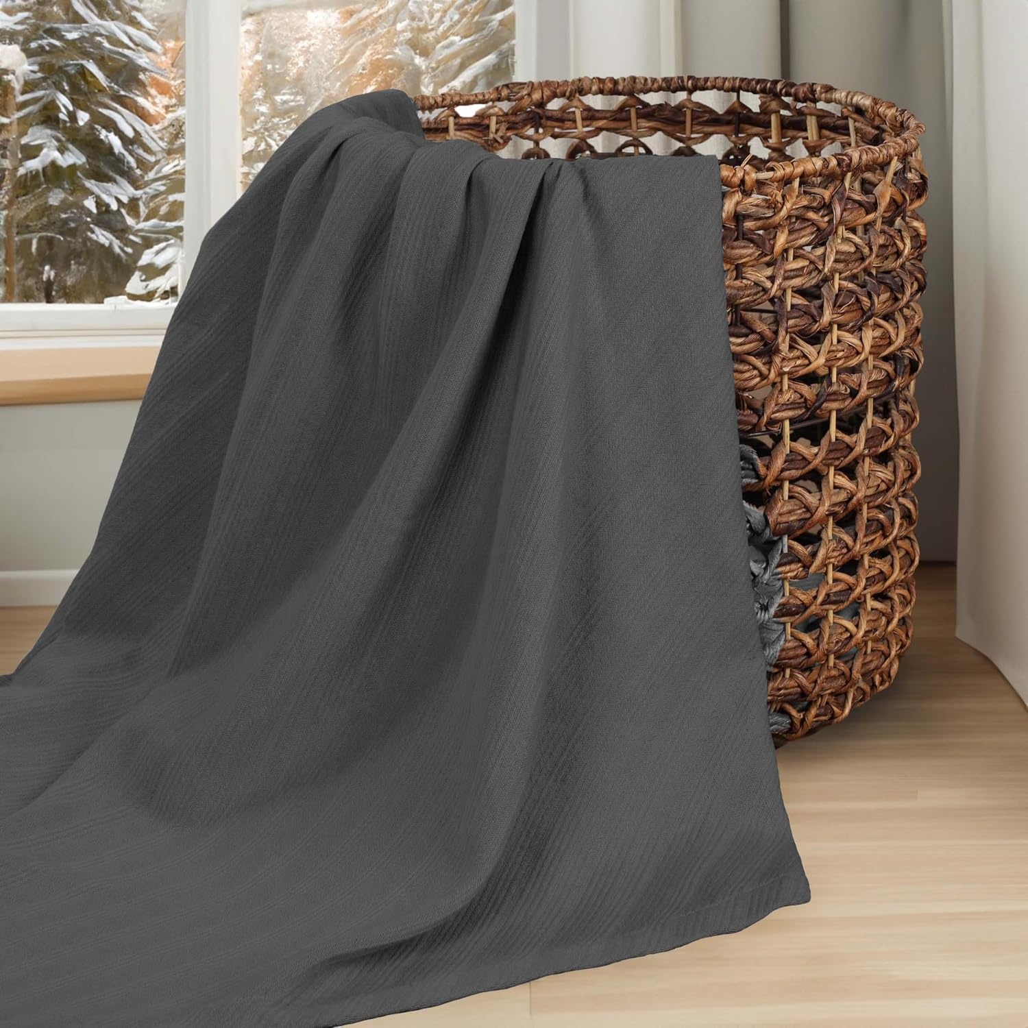 image:imageSUPERIOR Milan Cotton Blanket for Picnic Beach Traveling or Camping Bedroom Decor Essentials Cover for Bed Couch Lounging Textured Jacquard Striped Woven Blanket California King WhiteCharcoal