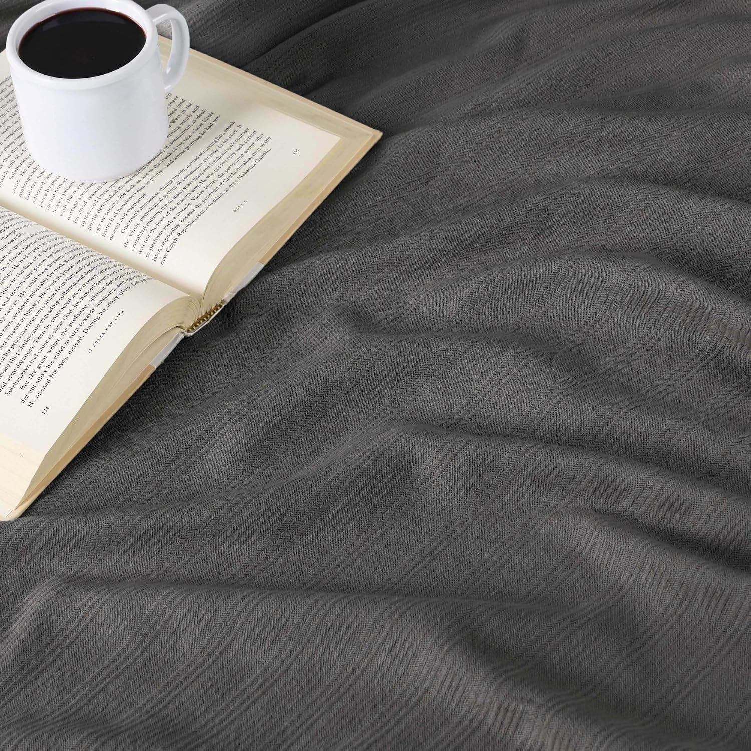 image:imageSUPERIOR Milan Cotton Blanket for Picnic Beach Traveling or Camping Bedroom Decor Essentials Cover for Bed Couch Lounging Textured Jacquard Striped Woven Blanket California King WhiteCharcoal