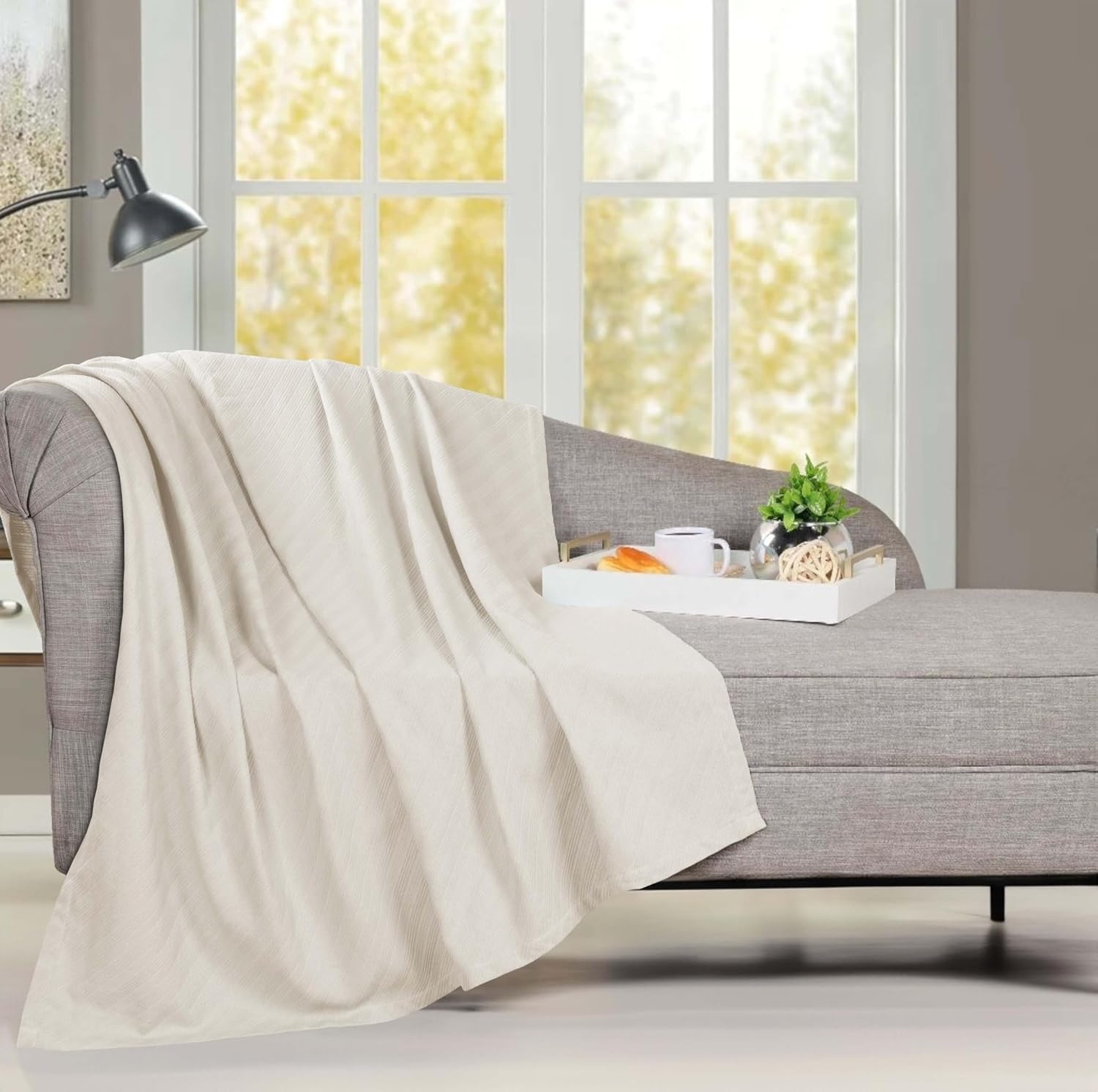 image:imageSUPERIOR Milan Cotton Blanket for Picnic Beach Traveling or Camping Bedroom Decor Essentials Cover for Bed Couch Lounging Textured Jacquard Striped Woven Blanket California King WhiteIvory