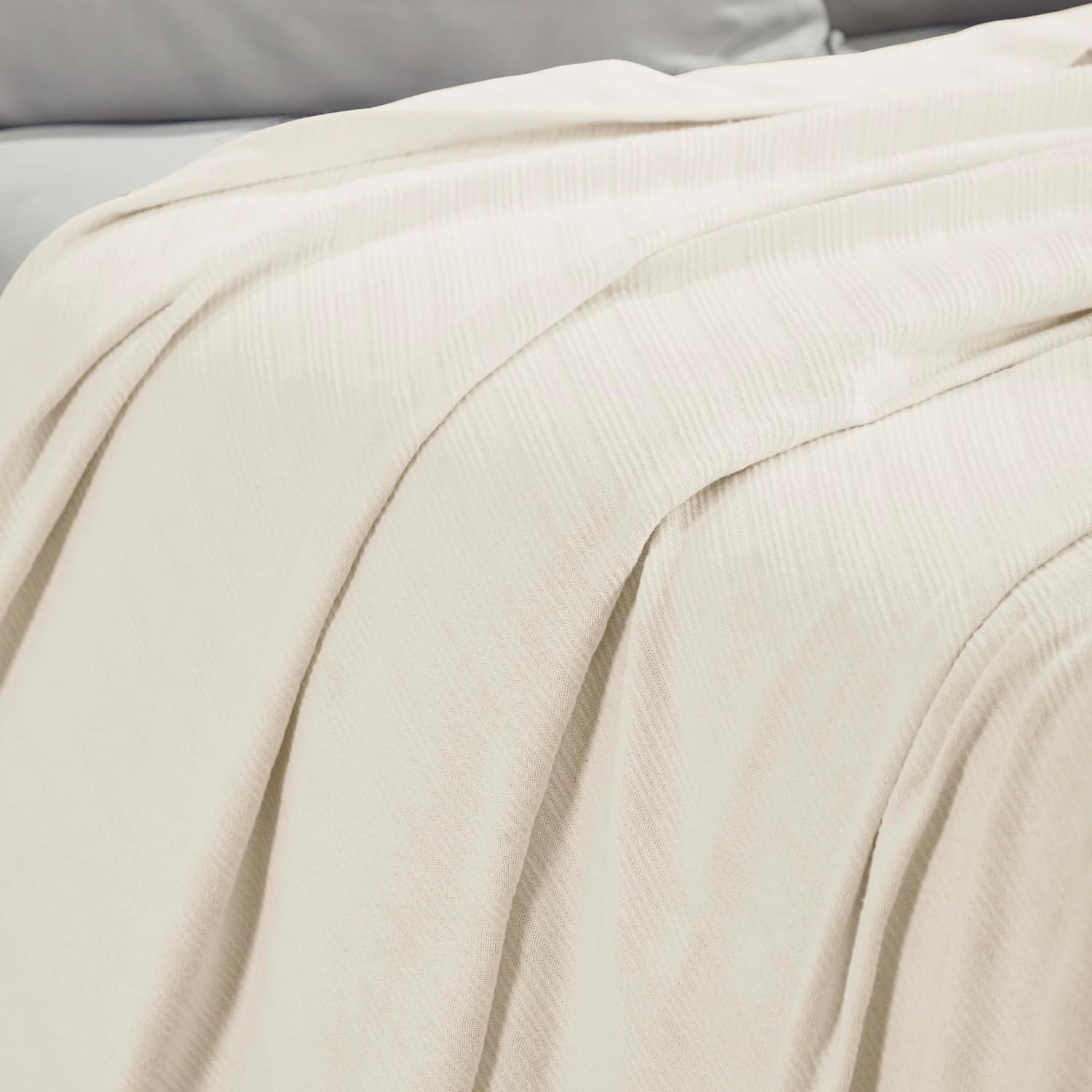 image:imageSUPERIOR Milan Cotton Blanket for Picnic Beach Traveling or Camping Bedroom Decor Essentials Cover for Bed Couch Lounging Textured Jacquard Striped Woven Blanket California King WhiteIvory