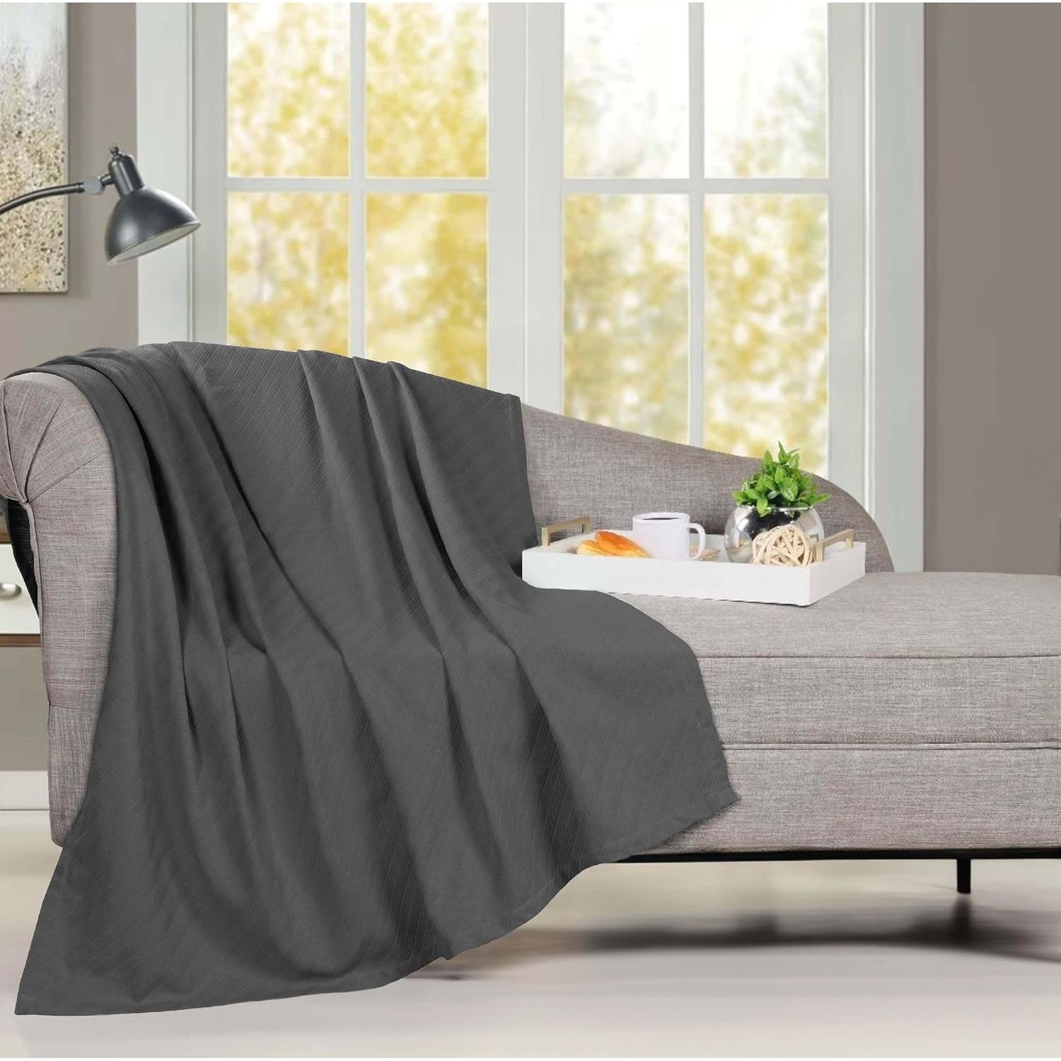 image:imageSUPERIOR Milan Cotton Blanket for Picnic Beach Traveling or Camping Bedroom Decor Essentials Cover for Bed Couch Lounging Textured Jacquard Striped Woven Blanket California King WhiteCharcoal