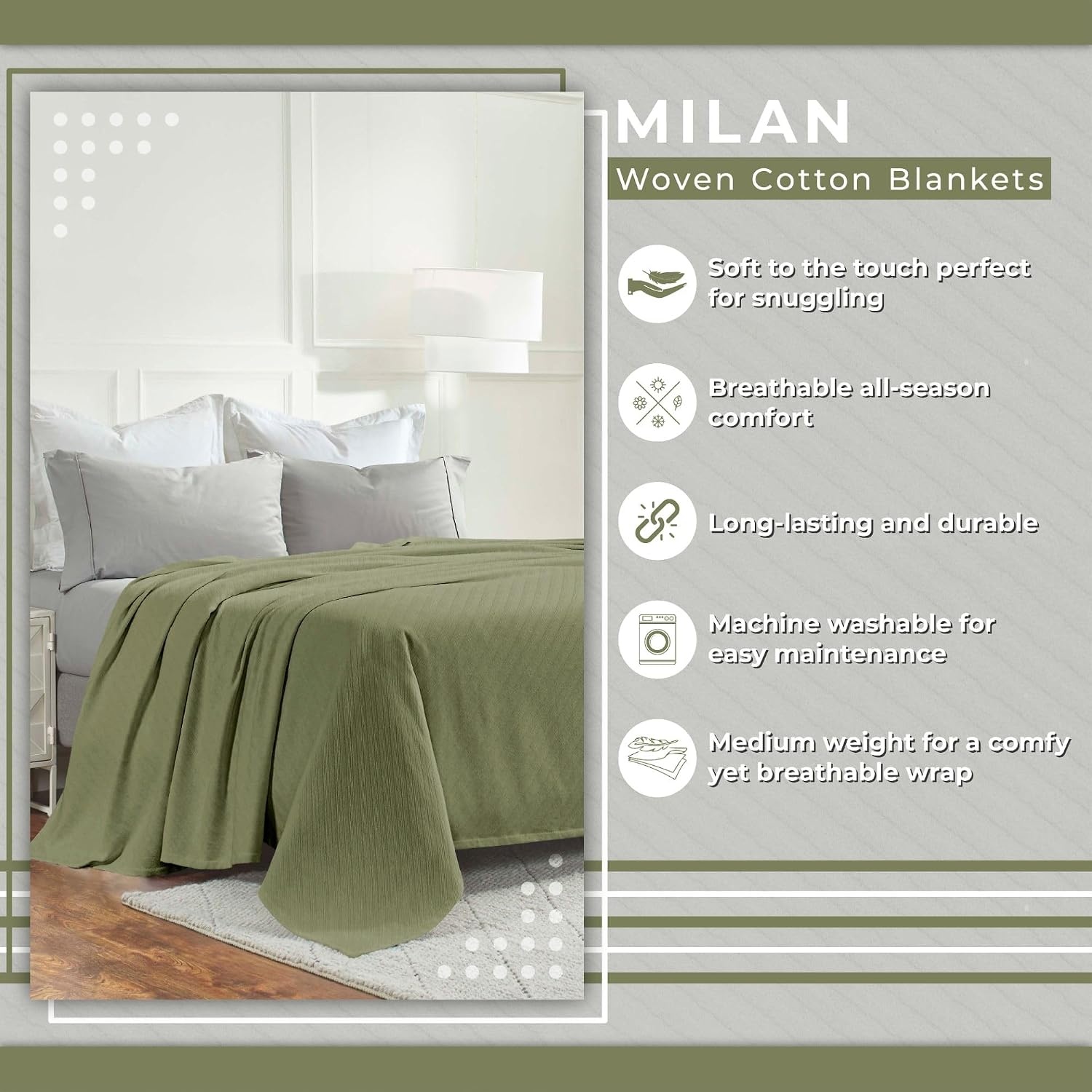 image:imageSUPERIOR Milan Cotton Blanket for Picnic Beach Traveling or Camping Bedroom Decor Essentials Cover for Bed Couch Lounging Textured Jacquard Striped Woven Blanket California King WhiteSage