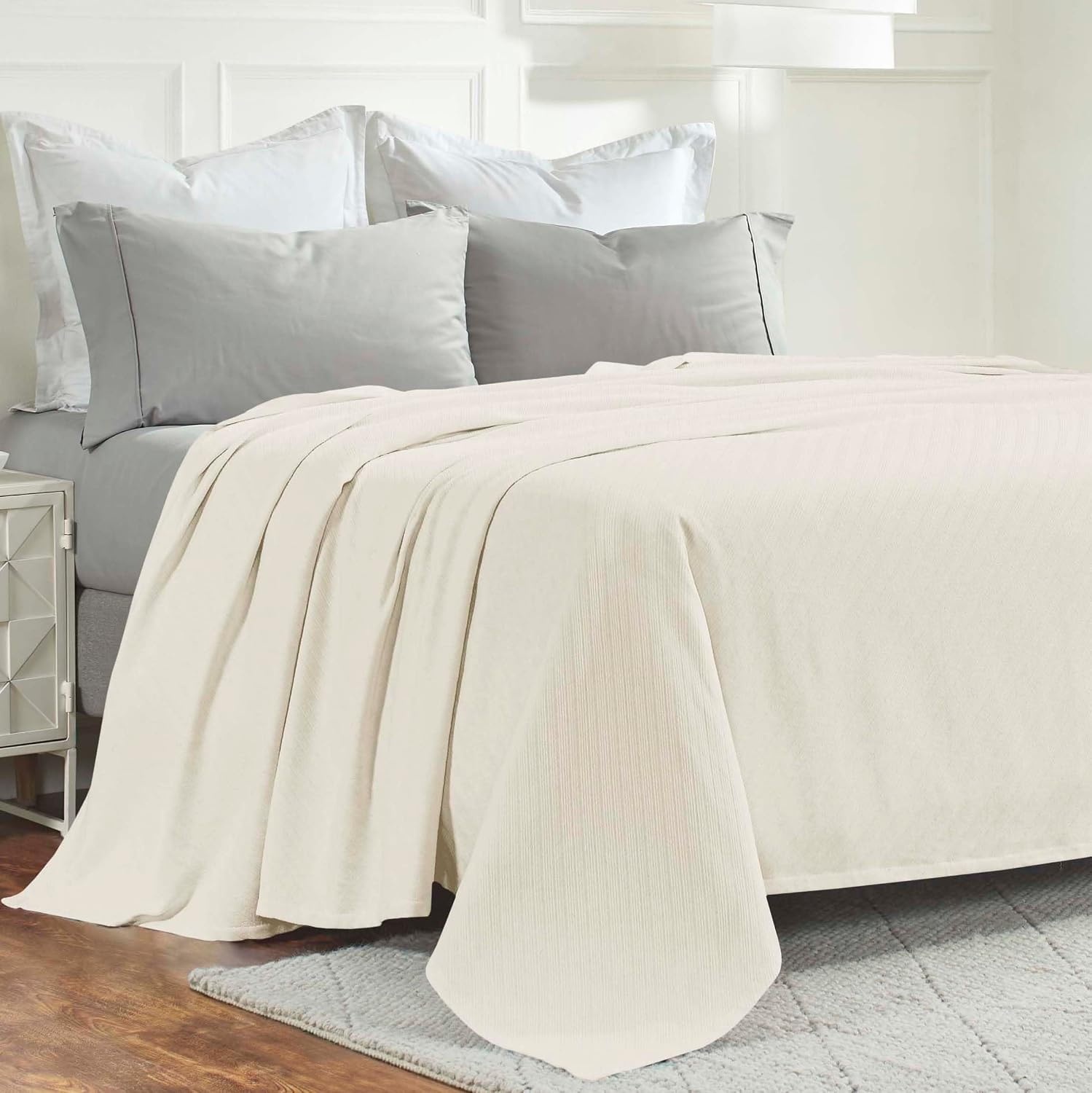 image:imageSUPERIOR Milan Cotton Blanket for Picnic Beach Traveling or Camping Bedroom Decor Essentials Cover for Bed Couch Lounging Textured Jacquard Striped Woven Blanket California King WhiteIvory
