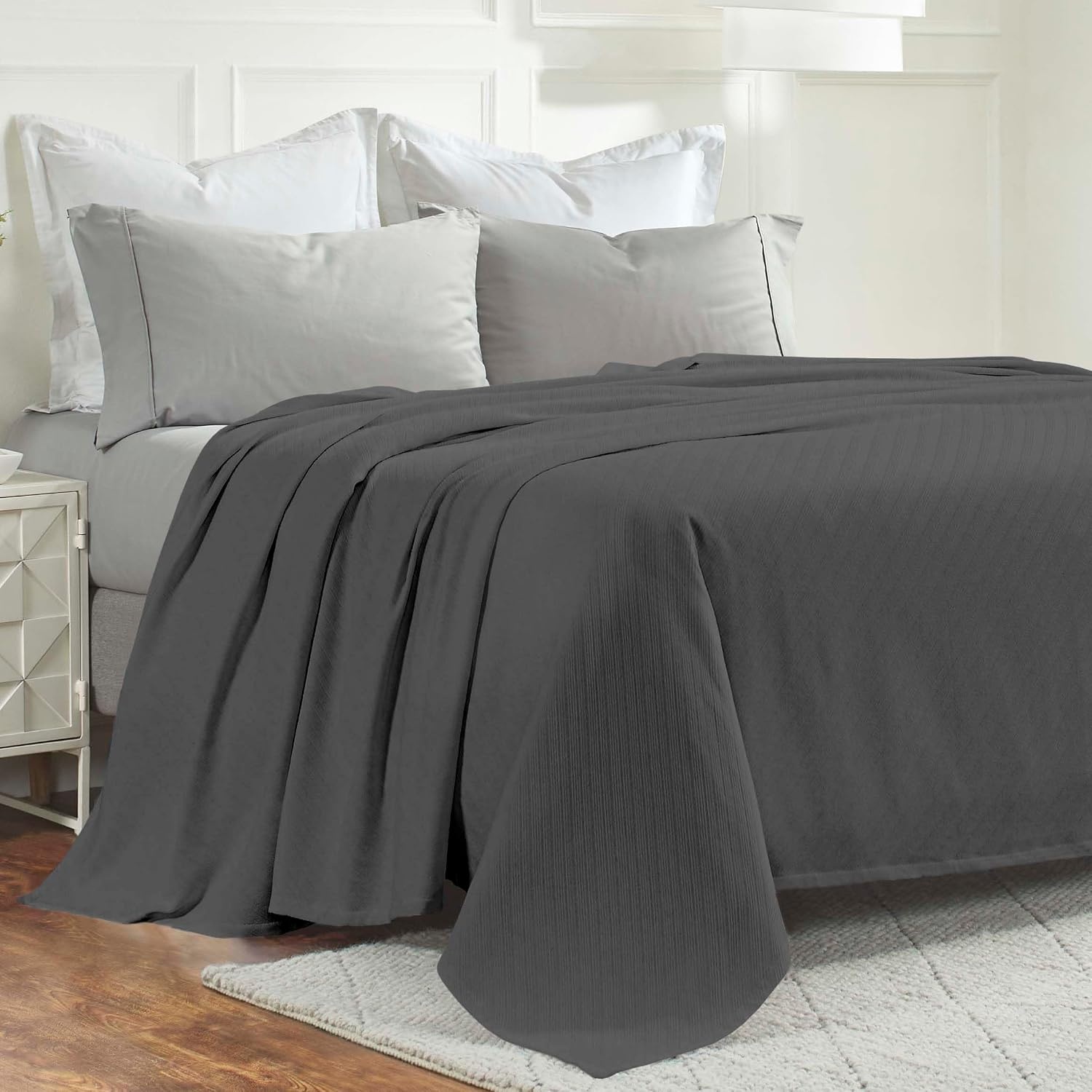 image:imageSUPERIOR Milan Cotton Blanket for Picnic Beach Traveling or Camping Bedroom Decor Essentials Cover for Bed Couch Lounging Textured Jacquard Striped Woven Blanket California King WhiteCharcoal
