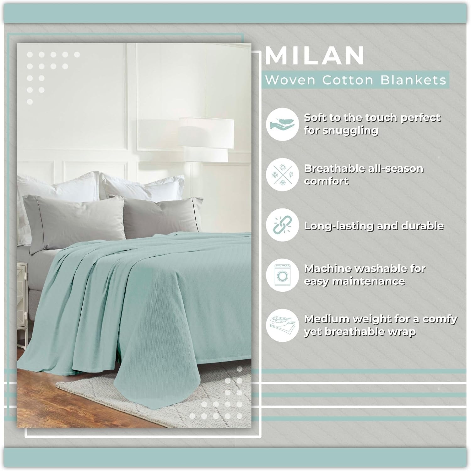 image:imageSUPERIOR Milan Cotton Blanket for Picnic Beach Traveling or Camping Bedroom Decor Essentials Cover for Bed Couch Lounging Textured Jacquard Striped Woven Blanket California King WhiteAqua