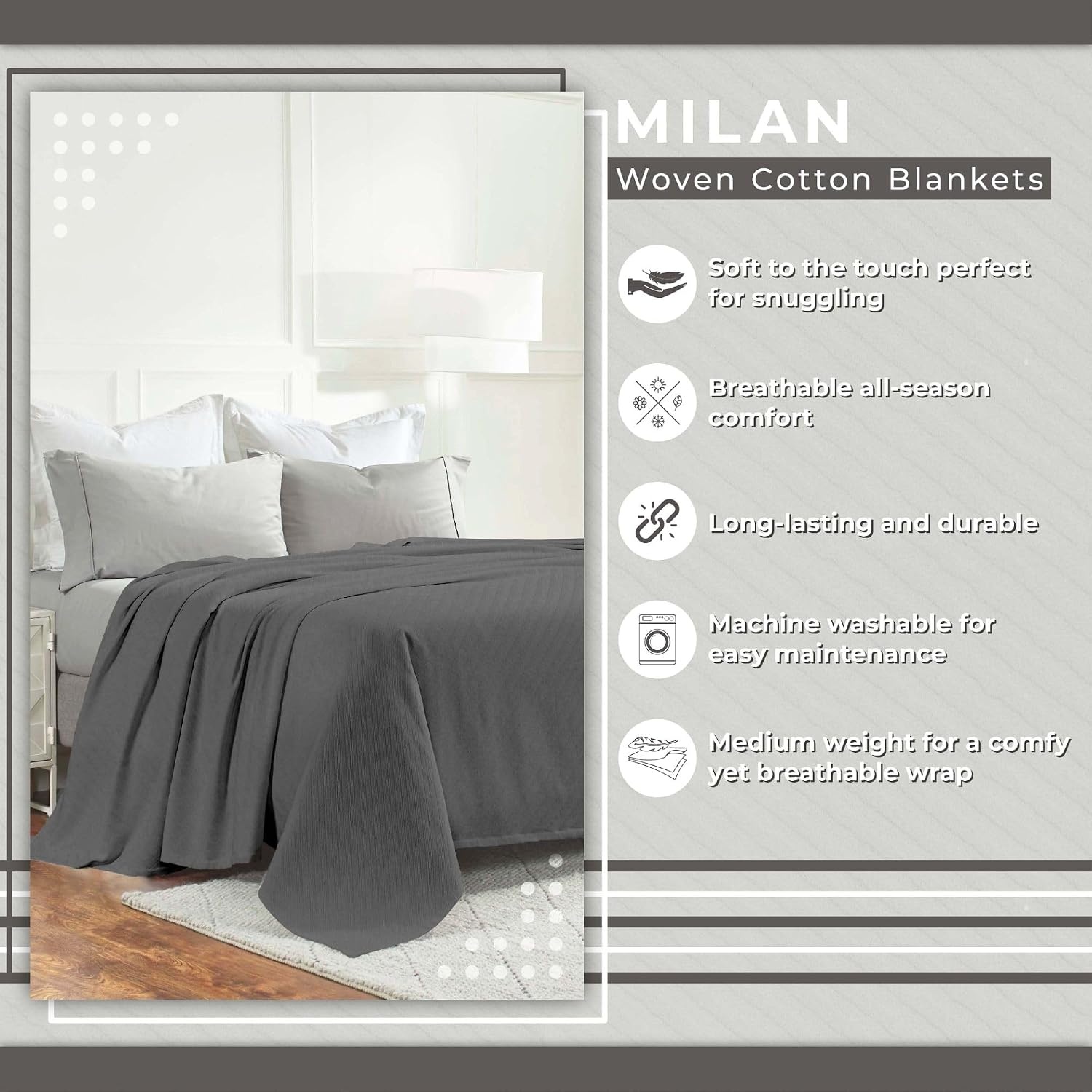 image:imageSUPERIOR Milan Cotton Blanket for Picnic Beach Traveling or Camping Bedroom Decor Essentials Cover for Bed Couch Lounging Textured Jacquard Striped Woven Blanket California King WhiteCharcoal