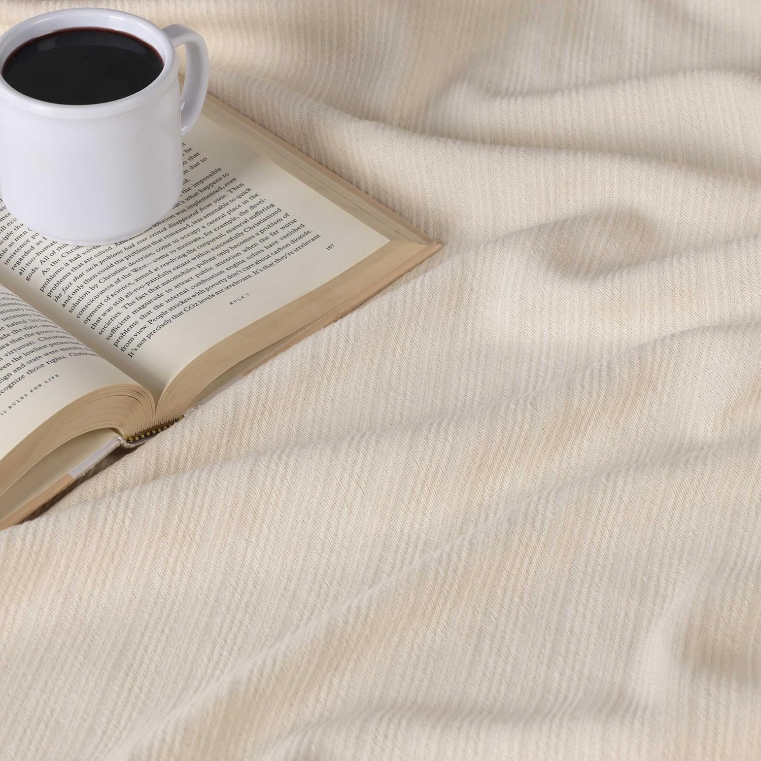 image:imageSUPERIOR Milan Cotton Blanket for Picnic Beach Traveling or Camping Bedroom Decor Essentials Cover for Bed Couch Lounging Textured Jacquard Striped Woven Blanket California King WhiteIvory