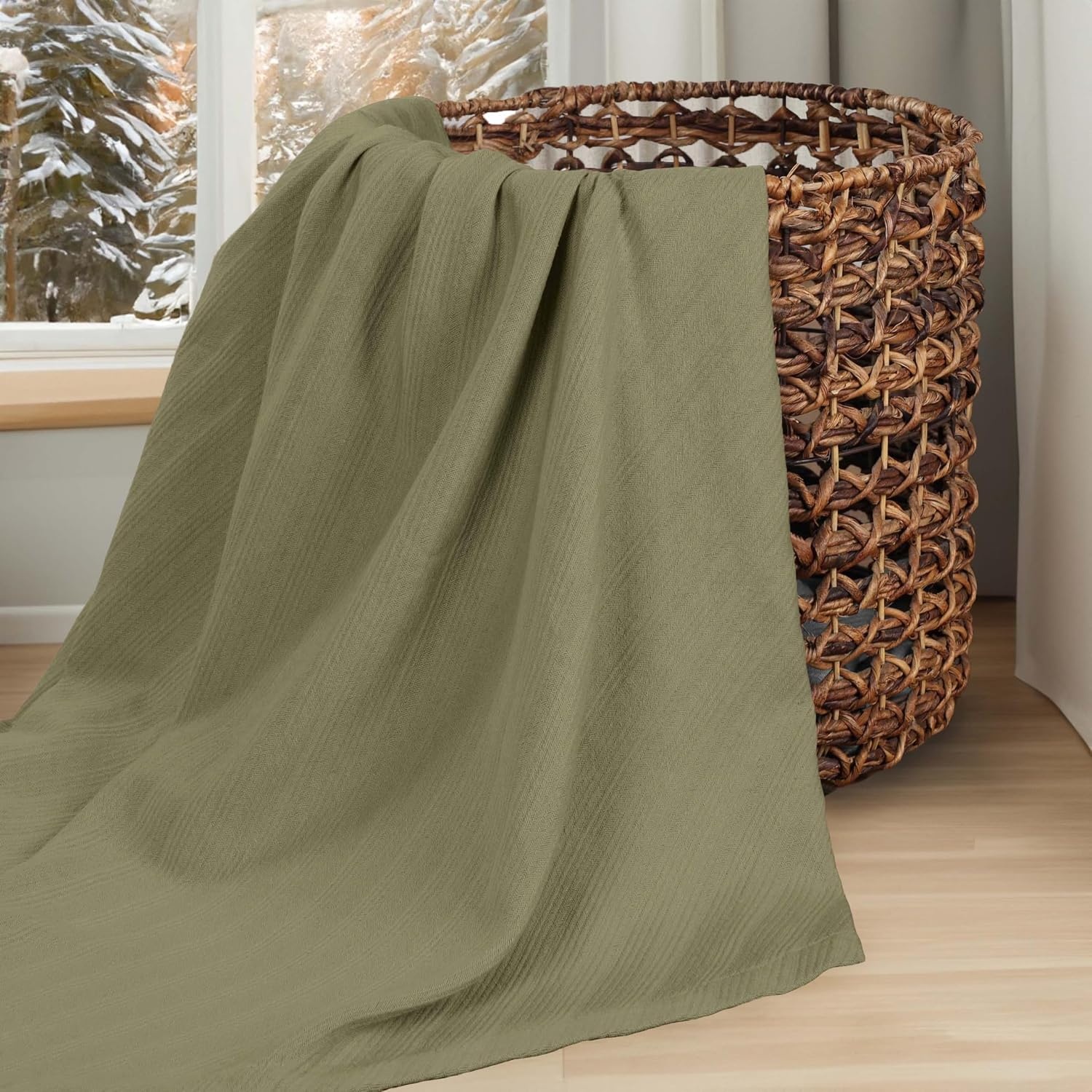 image:imageSUPERIOR Milan Cotton Blanket for Picnic Beach Traveling or Camping Bedroom Decor Essentials Cover for Bed Couch Lounging Textured Jacquard Striped Woven Blanket California King WhiteSage