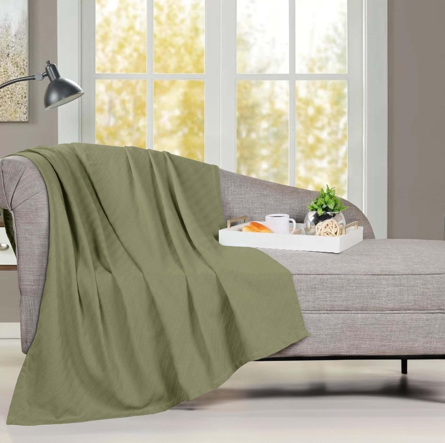 image:imageSUPERIOR Milan Cotton Blanket for Picnic Beach Traveling or Camping Bedroom Decor Essentials Cover for Bed Couch Lounging Textured Jacquard Striped Woven Blanket California King WhiteSage
