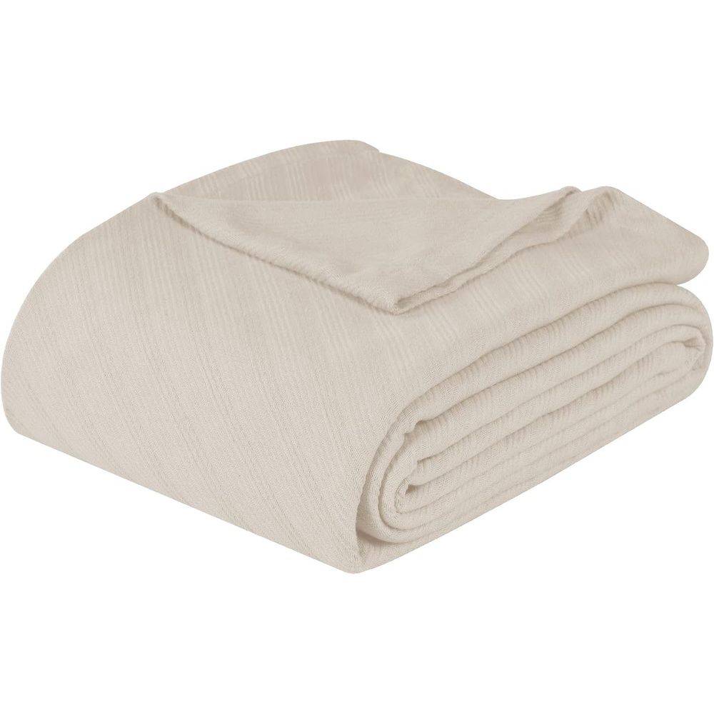 image:imageSUPERIOR Milan Cotton Blanket for Picnic Beach Traveling or Camping Bedroom Decor Essentials Cover for Bed Couch Lounging Textured Jacquard Striped Woven Blanket California King WhiteIvory
