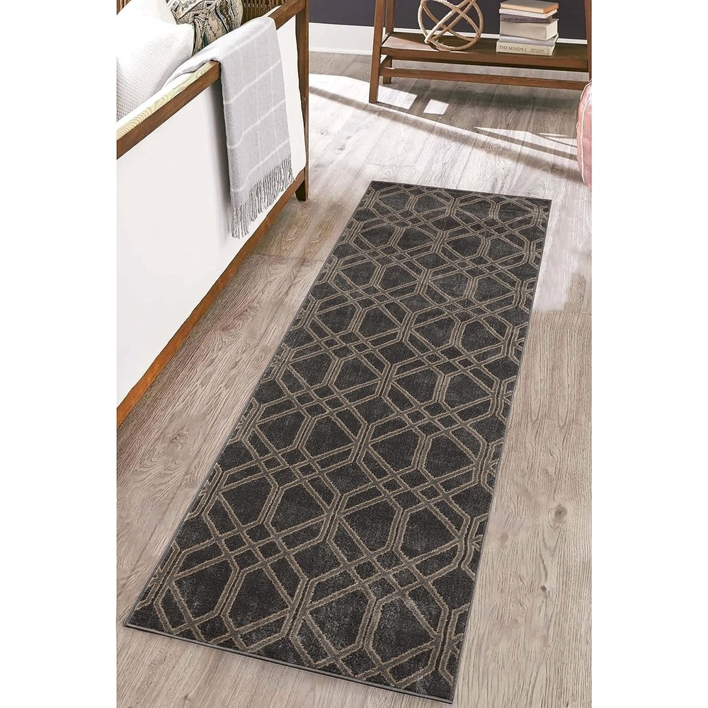 image:imageSuperior Indoor Runner Rug Plush Soft Rugs for Office Dining Kitchen Floors Modern Aesthetic Geometric Diamond Lattice Floor Decor Abner Collection 2 7 x 8 Grey